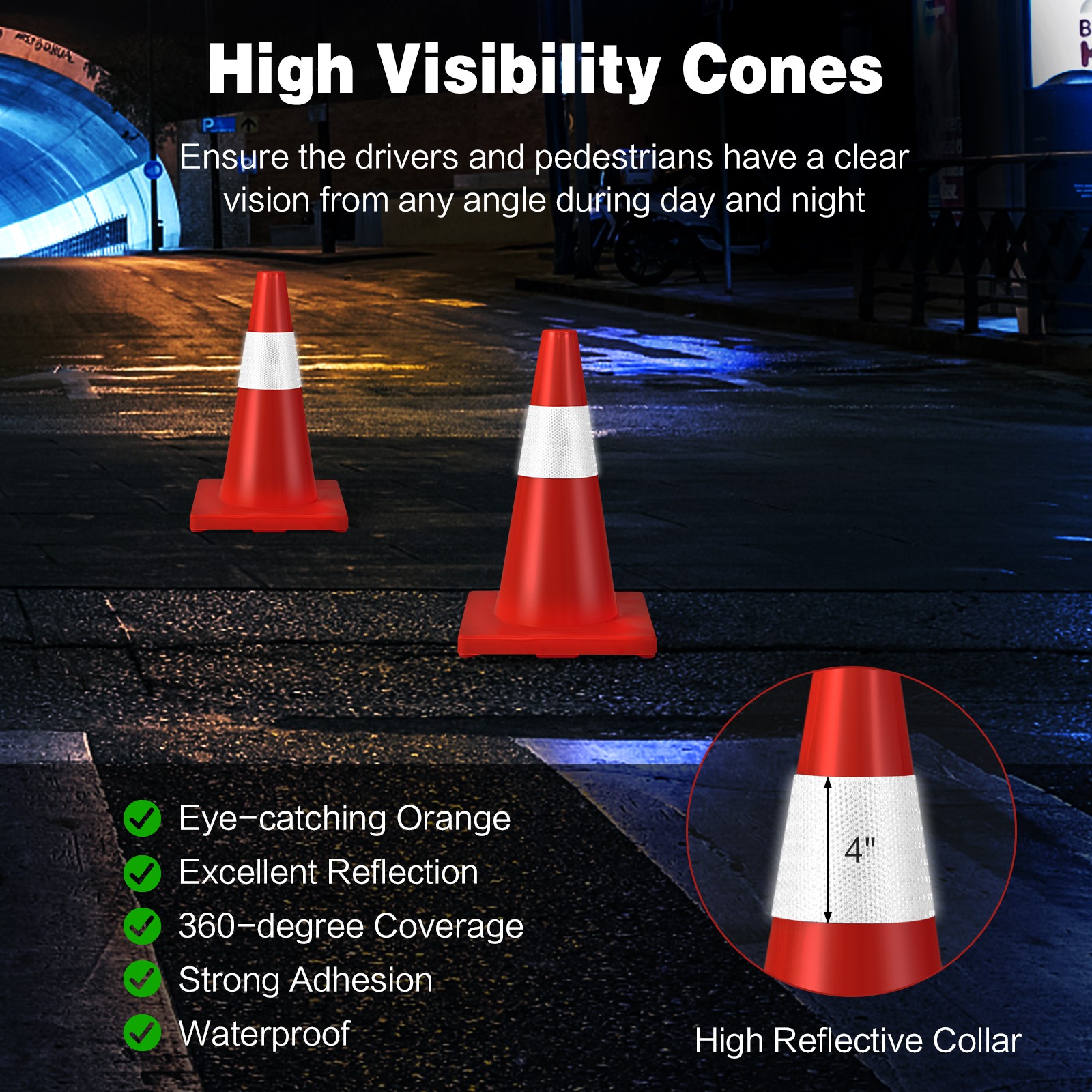 12 Pack Traffic Safety Cones 18″ PVC Road Parking Cones with Reflective Collar