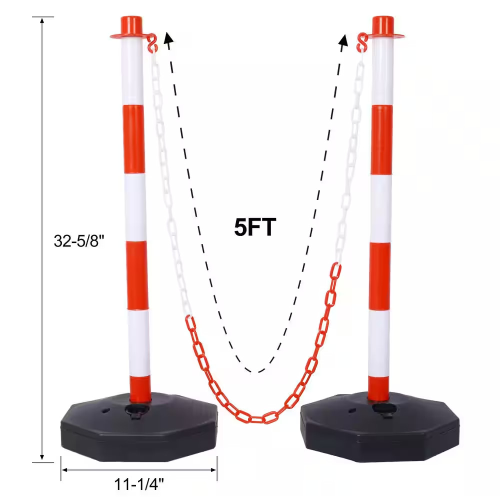 12-Pack White/Red Plastic Safety Barrier Post W/Fillable Base, 5 Ft. Plastic Cha