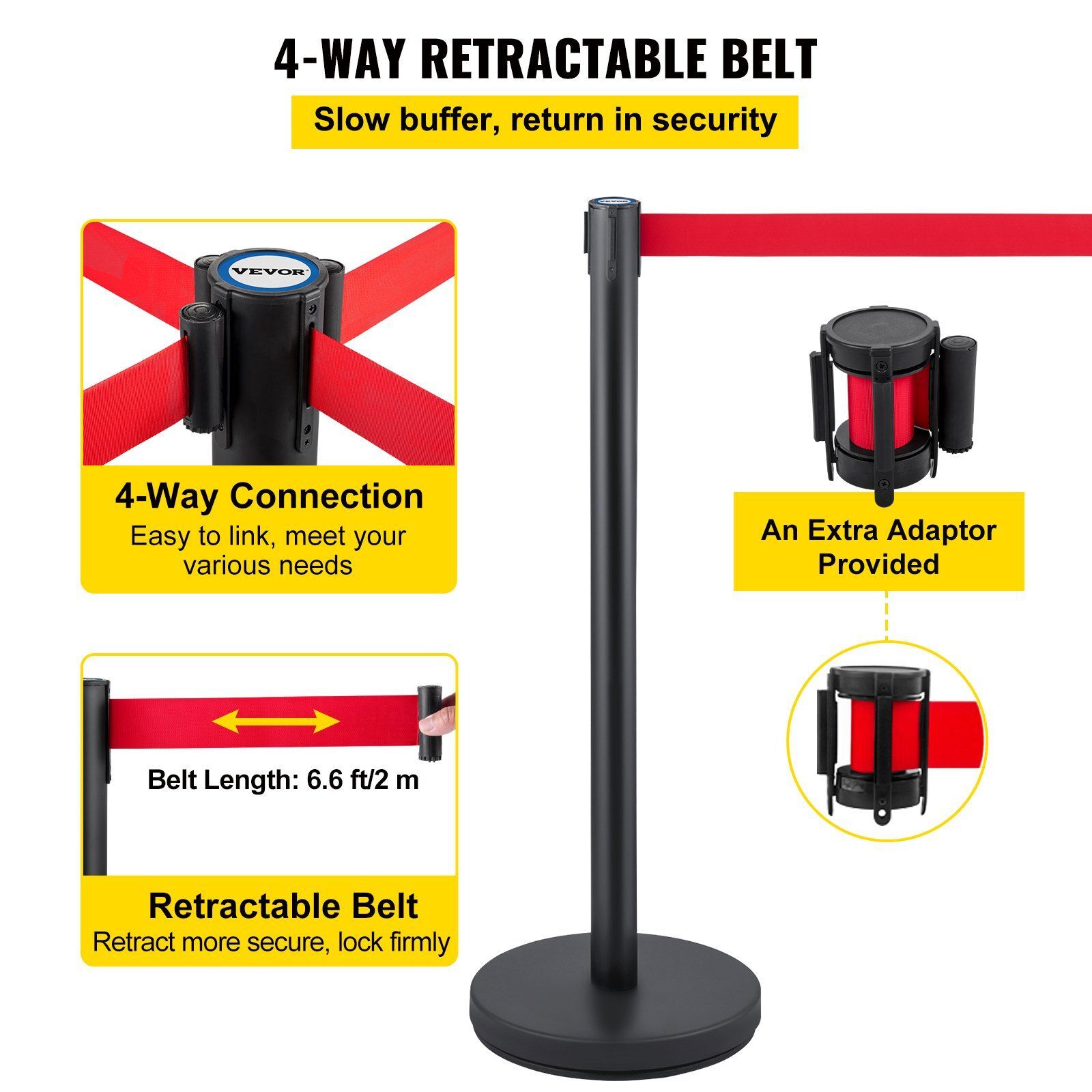 Set of 6 Crowd Control Stanchion w/6.6 ft Retractable Belt Crowd Control Barrier