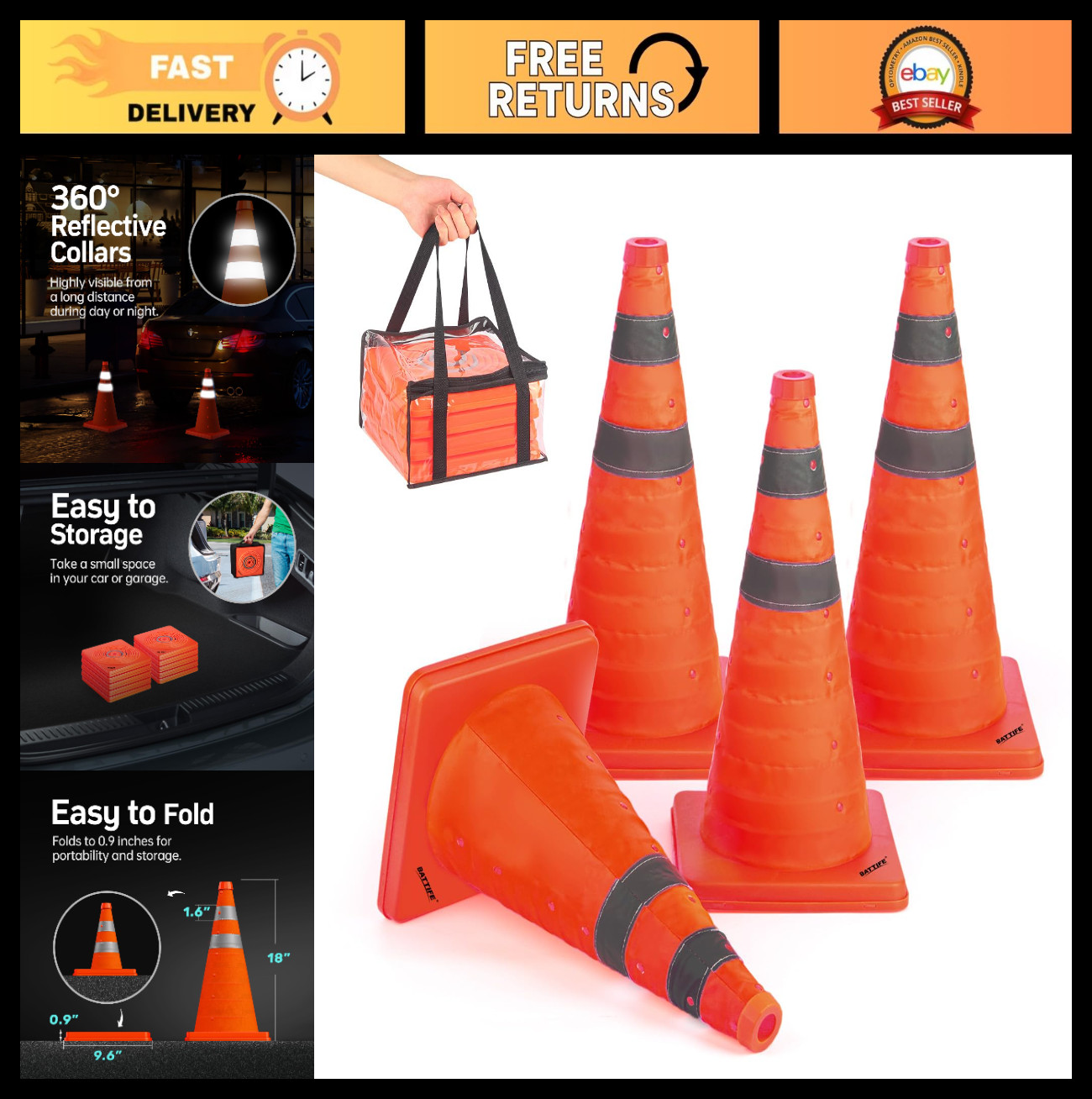 4 Pack 18″ Collapsible Traffic Safety Cones – Orange Reflective Pop-up Cones for