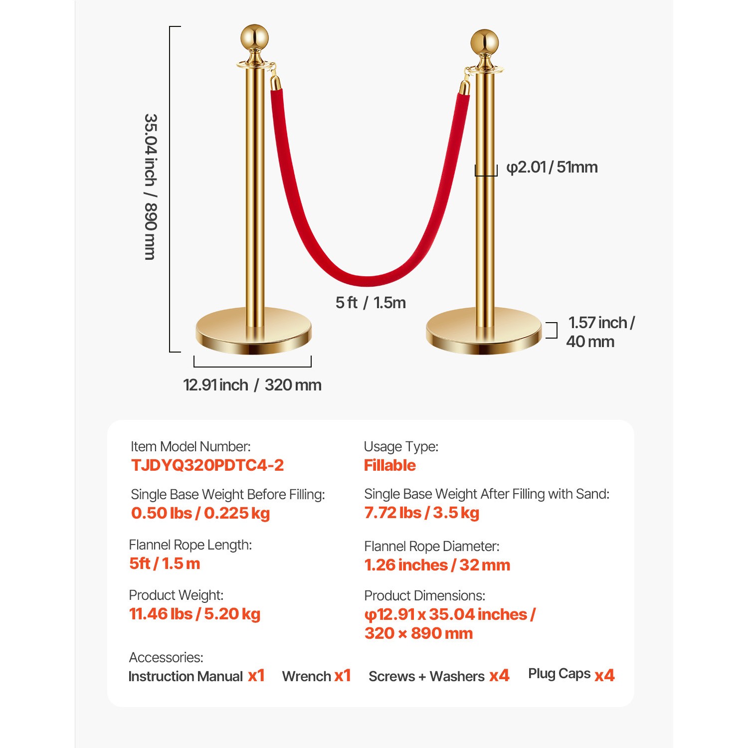 Uimoso 4 Pcs Gold Stanchion Post 2 Red Velvet Ropes Sand Injection Hollow Base