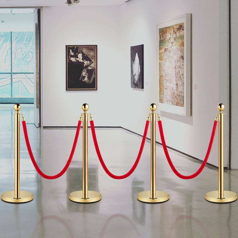 Stanchion Posts Queue 4 Pack 38 Inch Red Velvet Rope Stainless Steel Crowd Contr