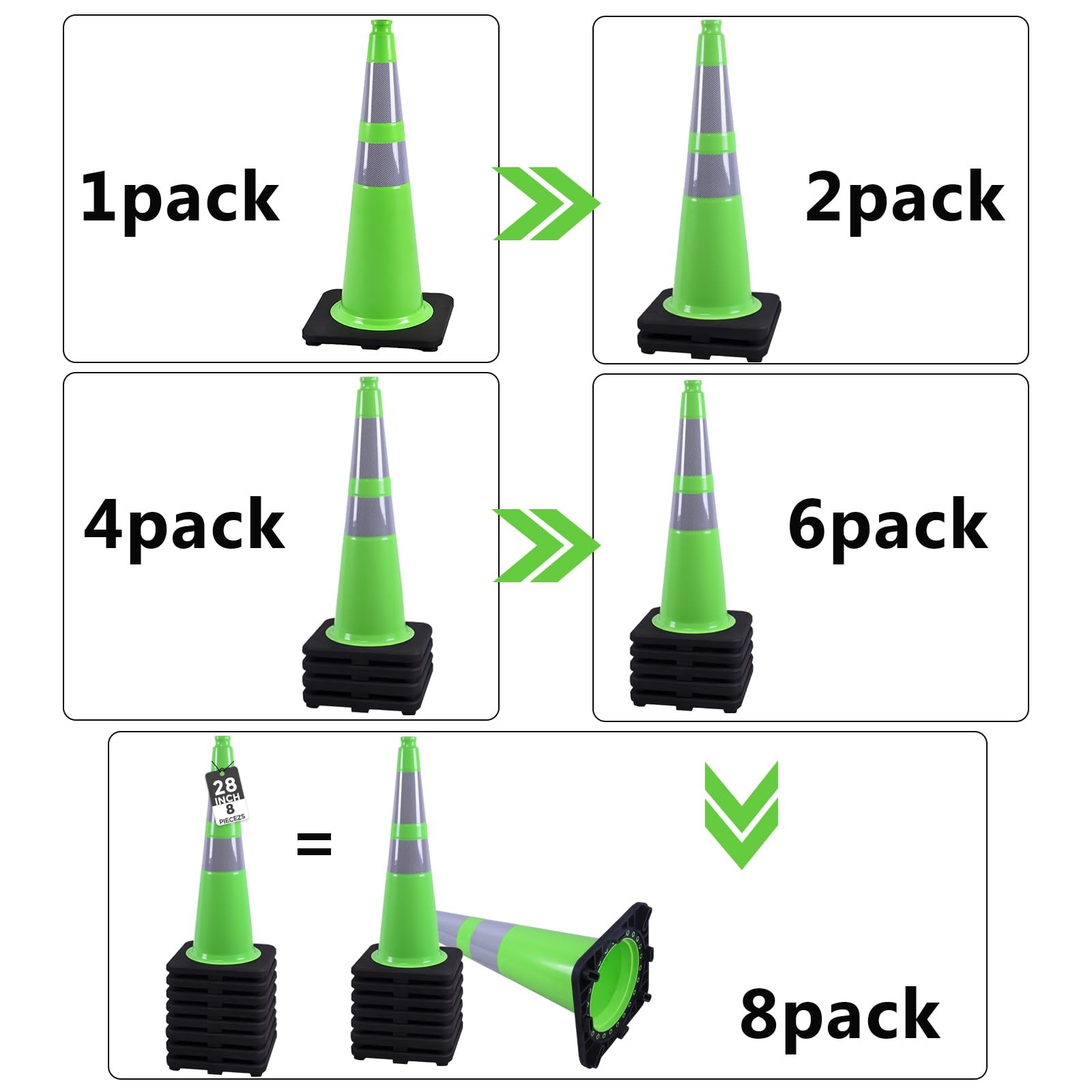 BESEA 8Pack 28″ inch Traffic Cones Green Safety Cones with 6 inch Reflective …