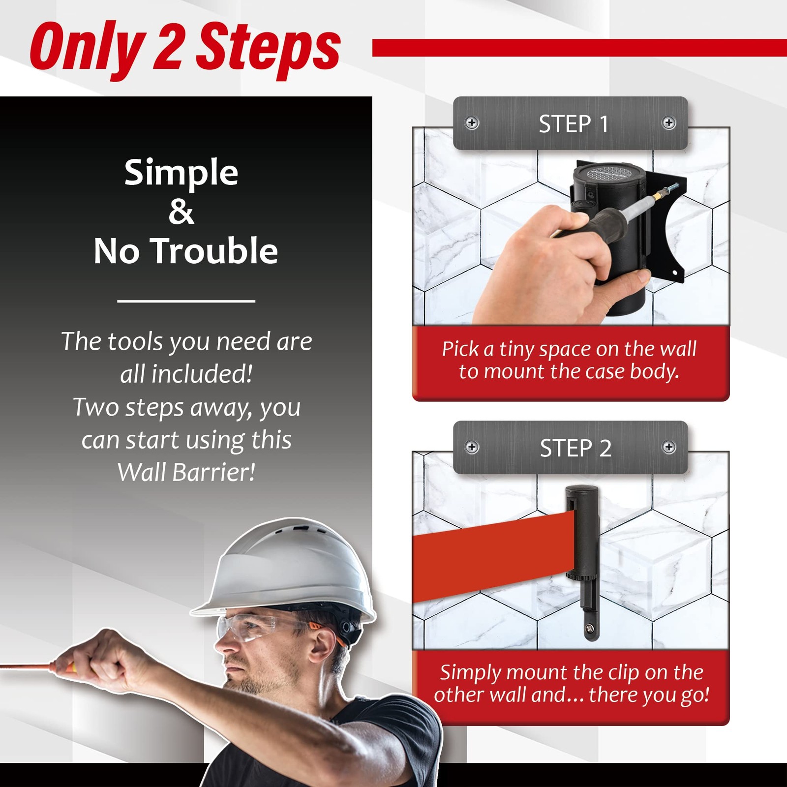DuraSteel Wall Mount RED Retractable Belt Barrier 9.2 Ft Red Safety Belt Black