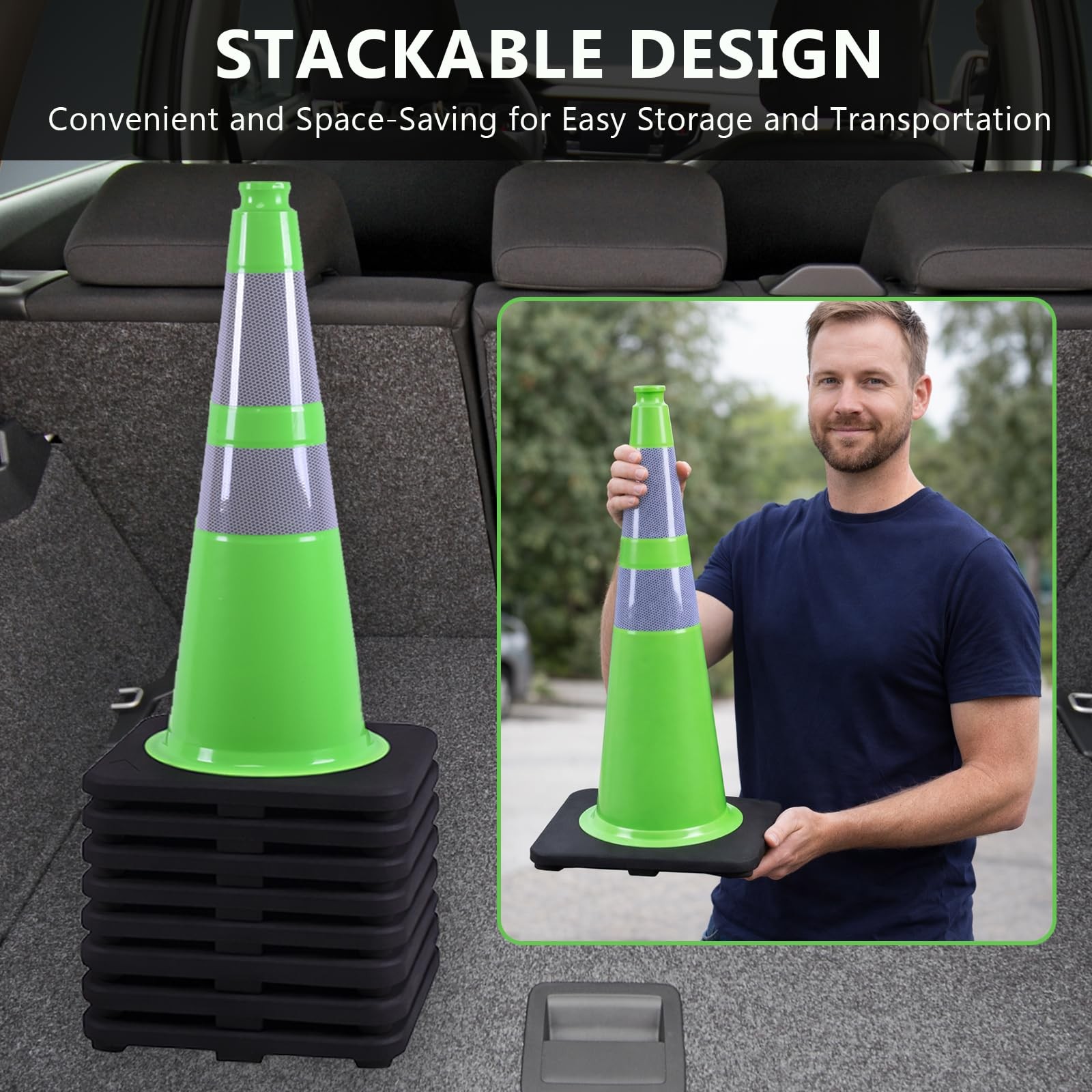 BESEA 8Pack 28″ inch Traffic Cones Green Safety Cones with 6 inch Reflective …