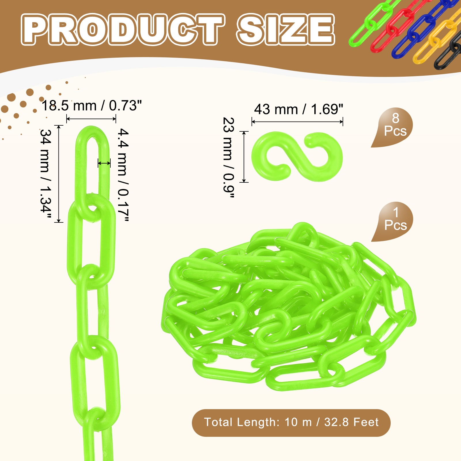 Barrier Chain, (32.8ft 0.7″ Dia., Green), Plastic Safety Chain Links W S Hooks