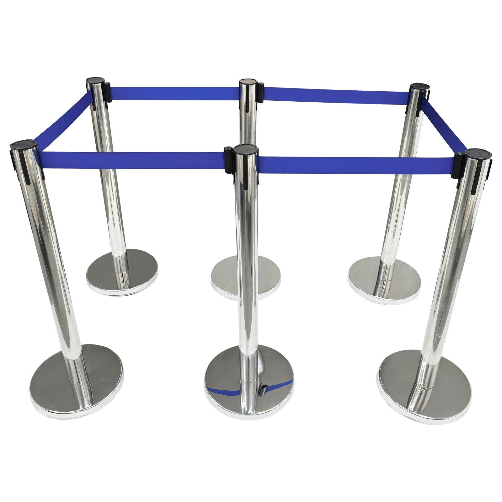 6 PCS Stainless Steel Stanchions with Blue Belts Posts Covers and Bases Blue Ret