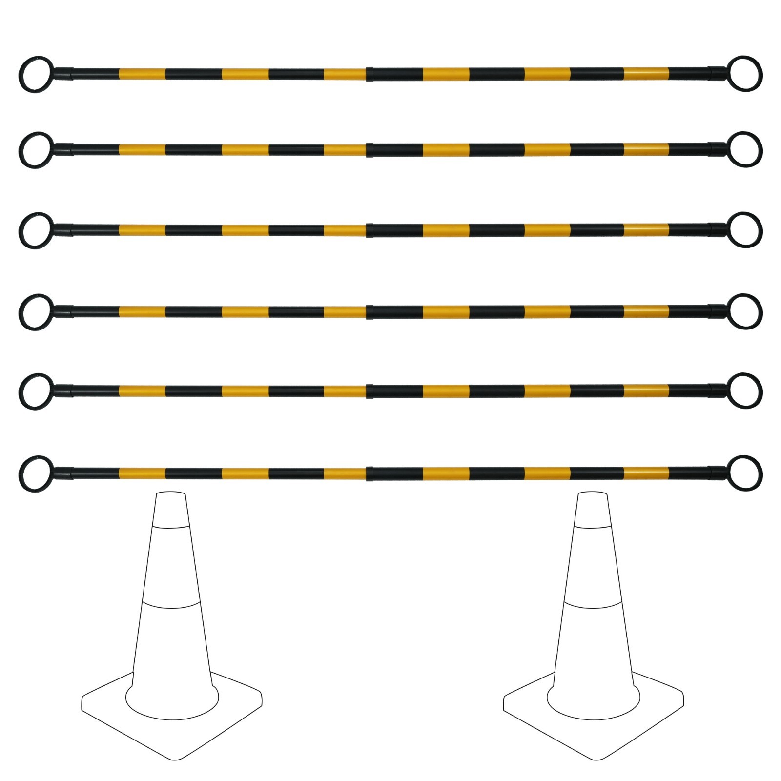6 Pack Retractable PVC Cone Bar 4.2–6.6 FT Black/Yellow Universal Use