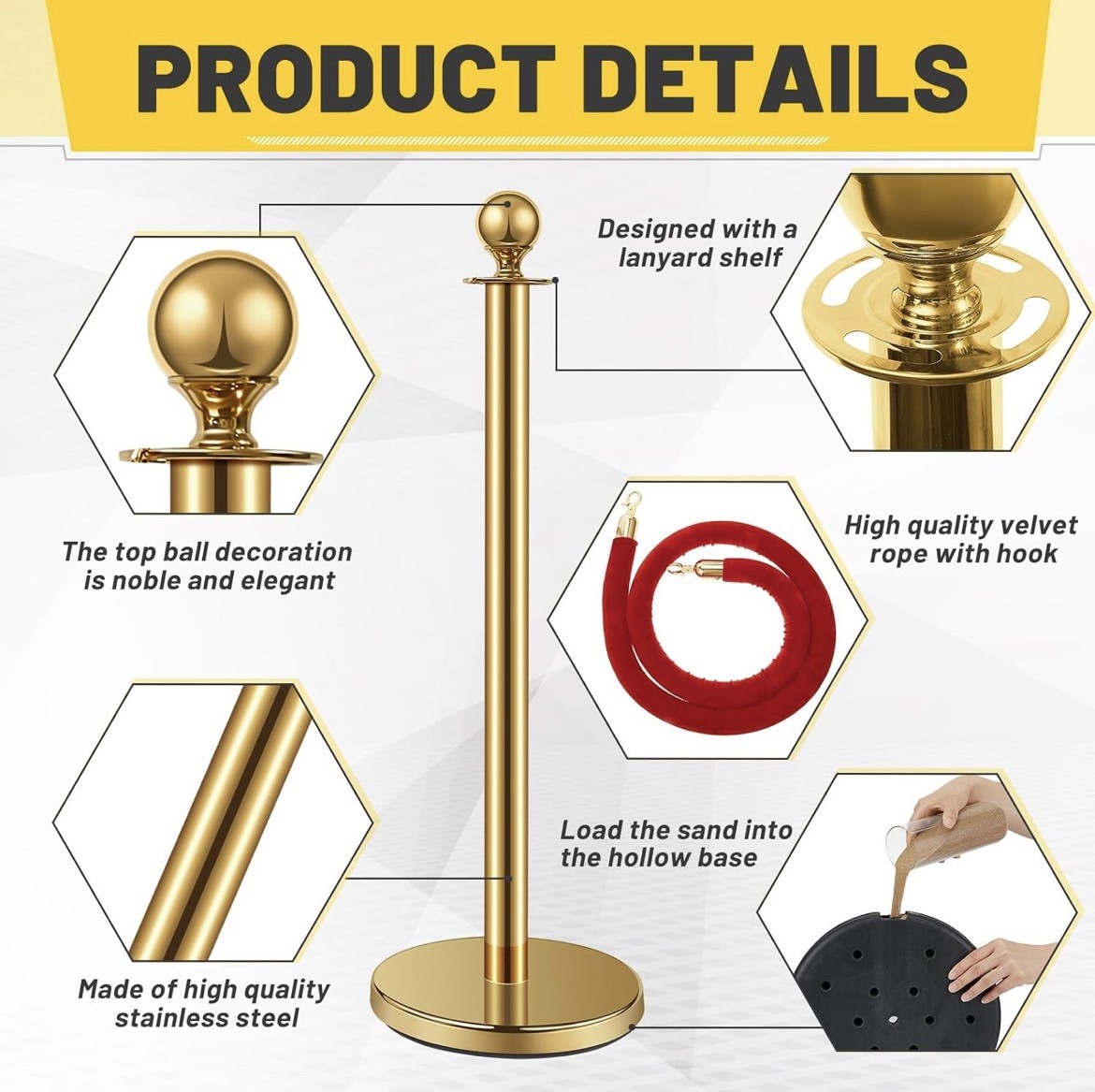 Ferraycle 4pc Stainless Stanchion 5ft Velvet Rope Pole Crowd Control Barrier