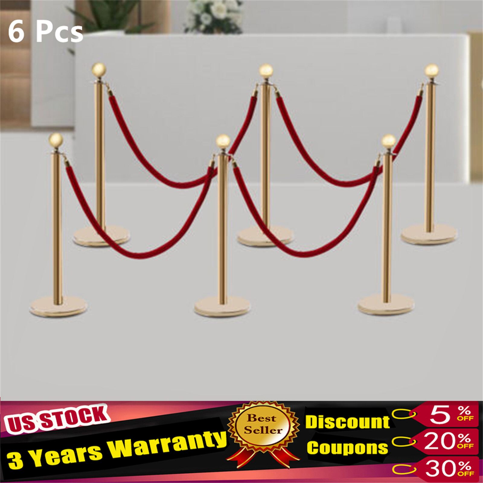 6Pcs Golden Stanchion Posts w/ 4 Velvet Ropes Crowd Control Queue Pole Barrier!~