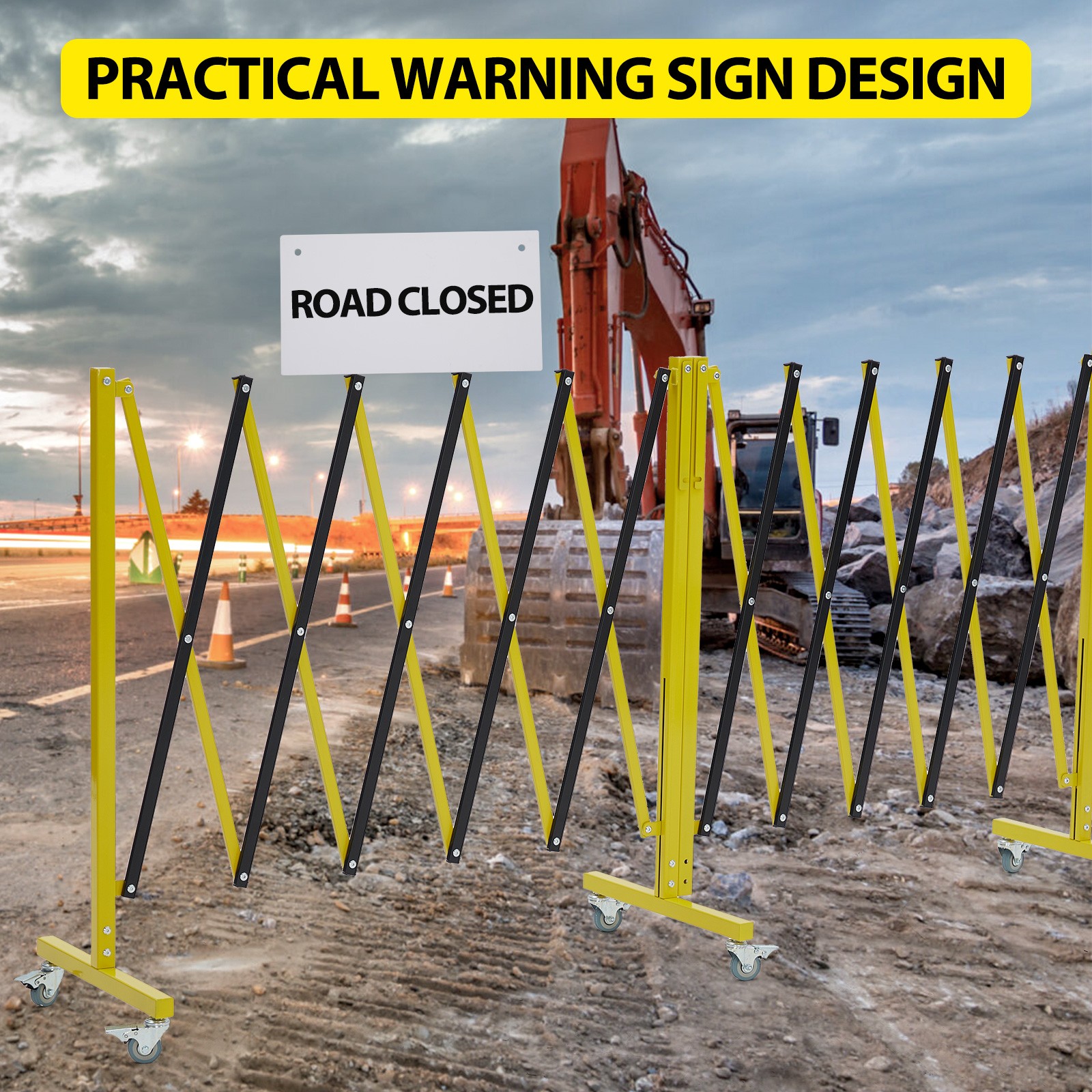 19.8FT Expandable Steel Barricade Safety Barrier Gate Traffic Fence with Casters