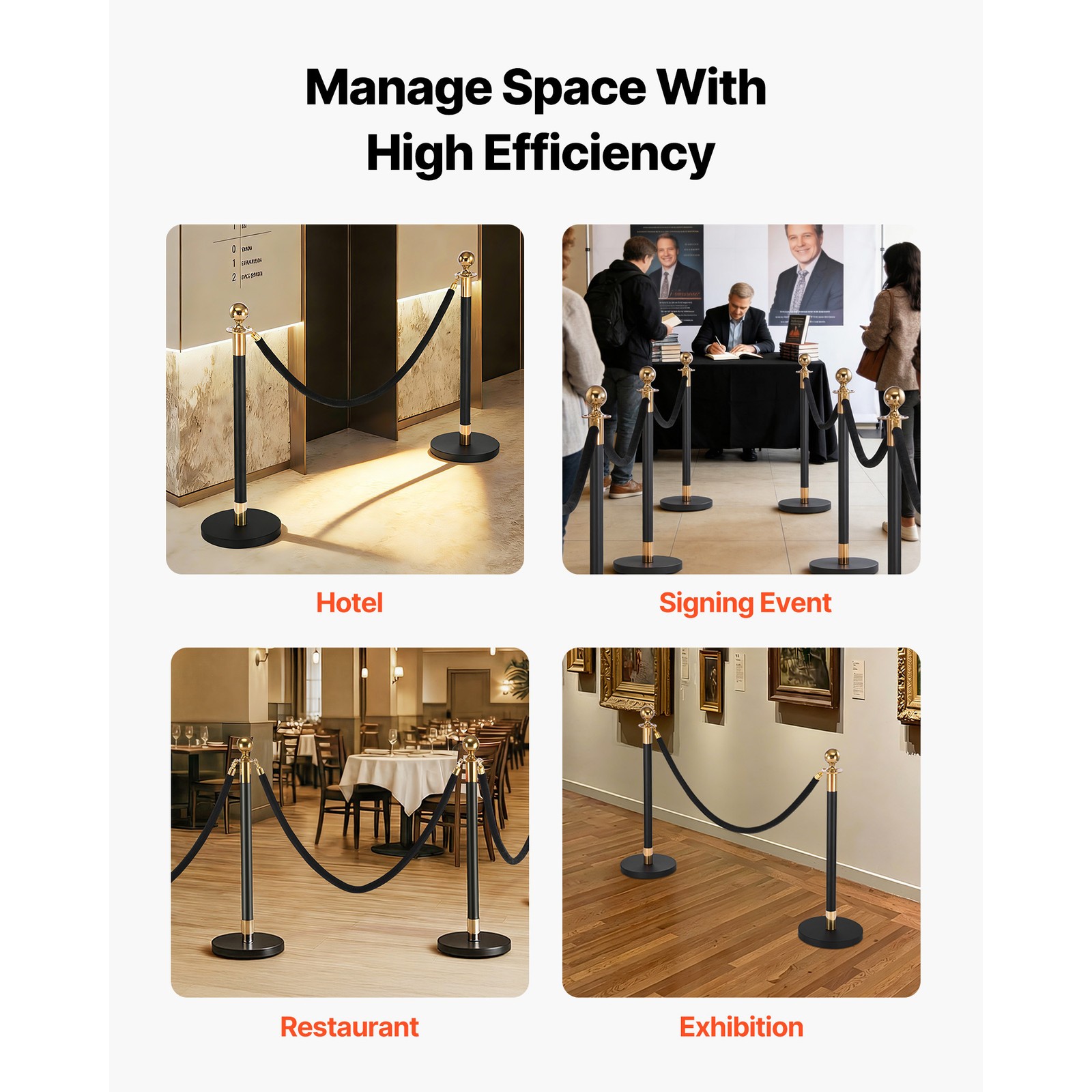 Uimoso 4-Piece Stanchion Set with 2 Black Velvet Ropes and Hollow Base in Black