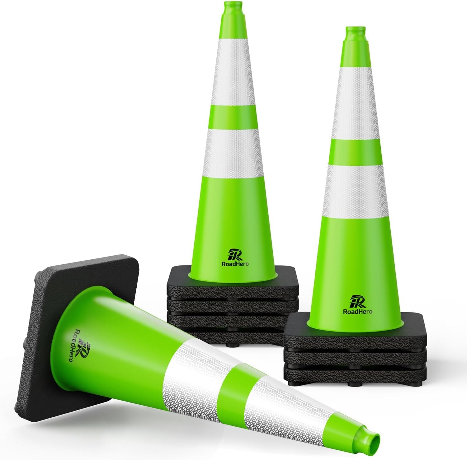 RoadHero 8 Pack 28in Traffic Safety Cones Weighted Base Lime Green Reflective
