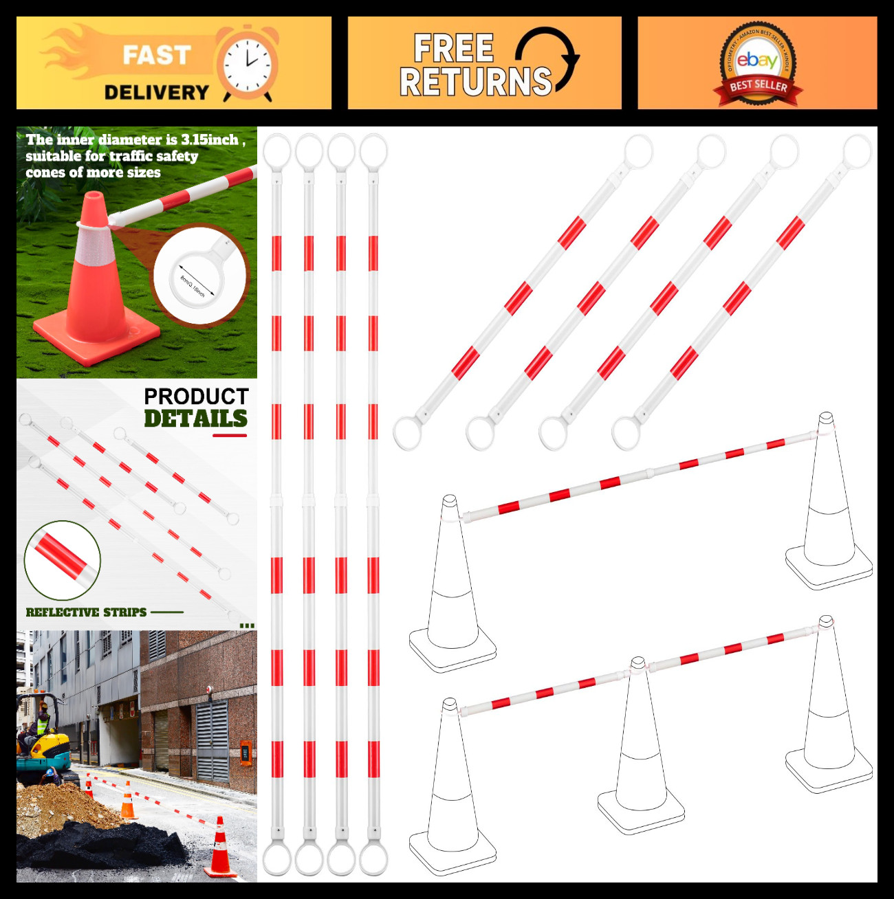 8 Pcs 4-6.9 ft Extendable Traffic Cone Bar with Reflective Film – Safety Barrica