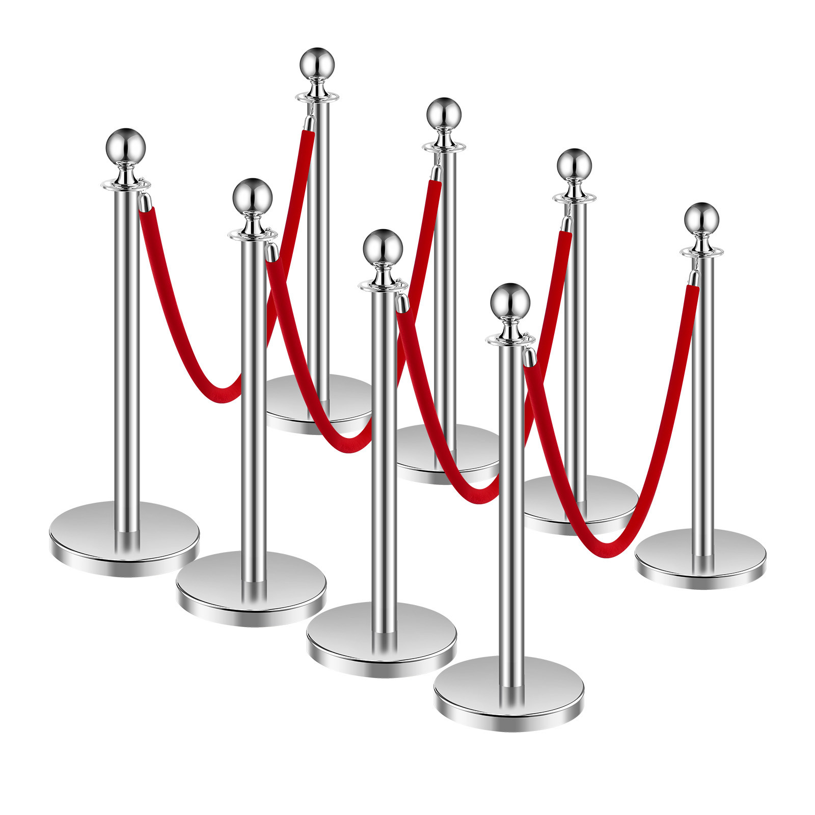 8 Pcs Silver Stanchion Post 4 Red Velvet Ropes Sand Injection Hollow Base