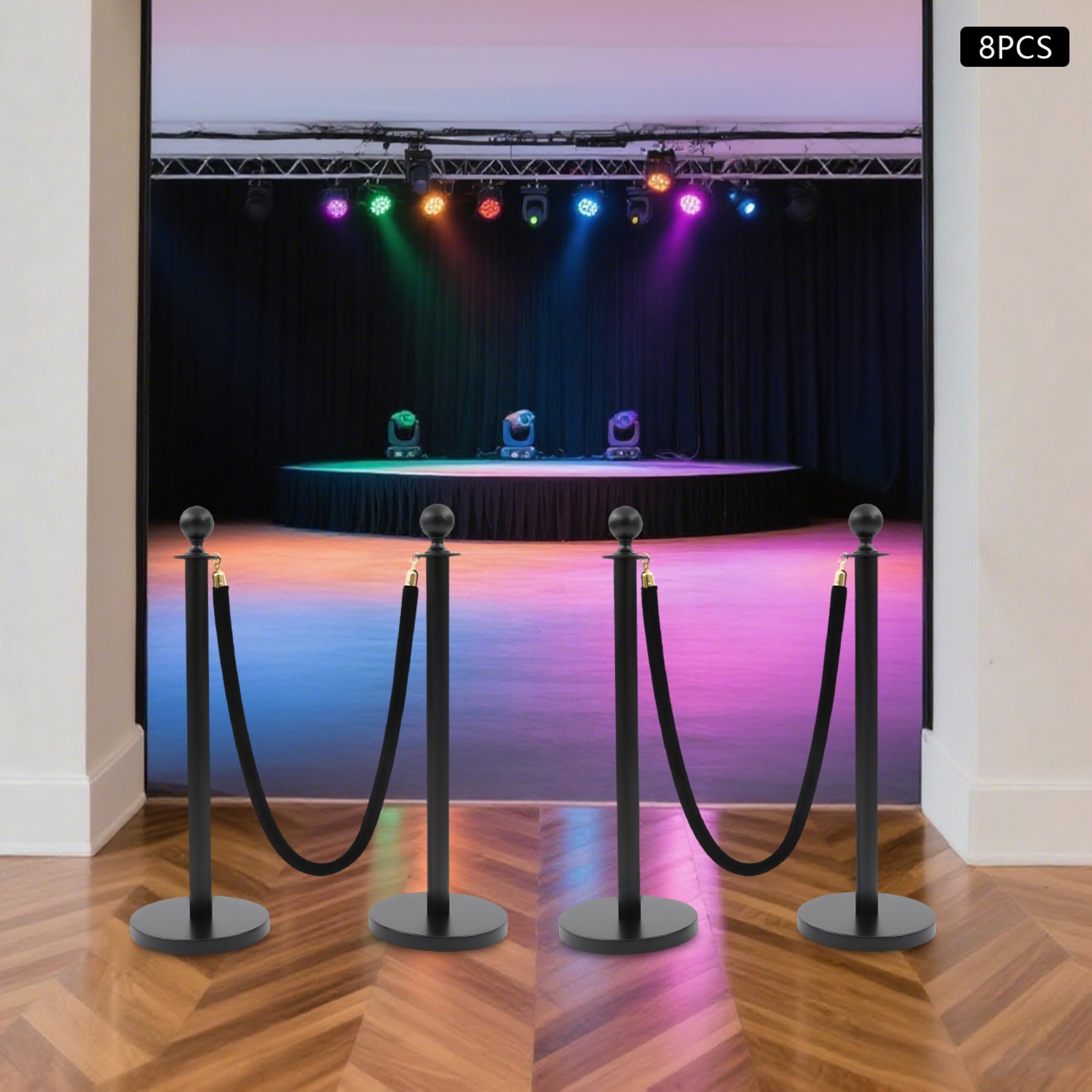 8 PCS Black Stanchion Posts Queue Pole with 4 1.5M Ropes Crowd Control Barrier