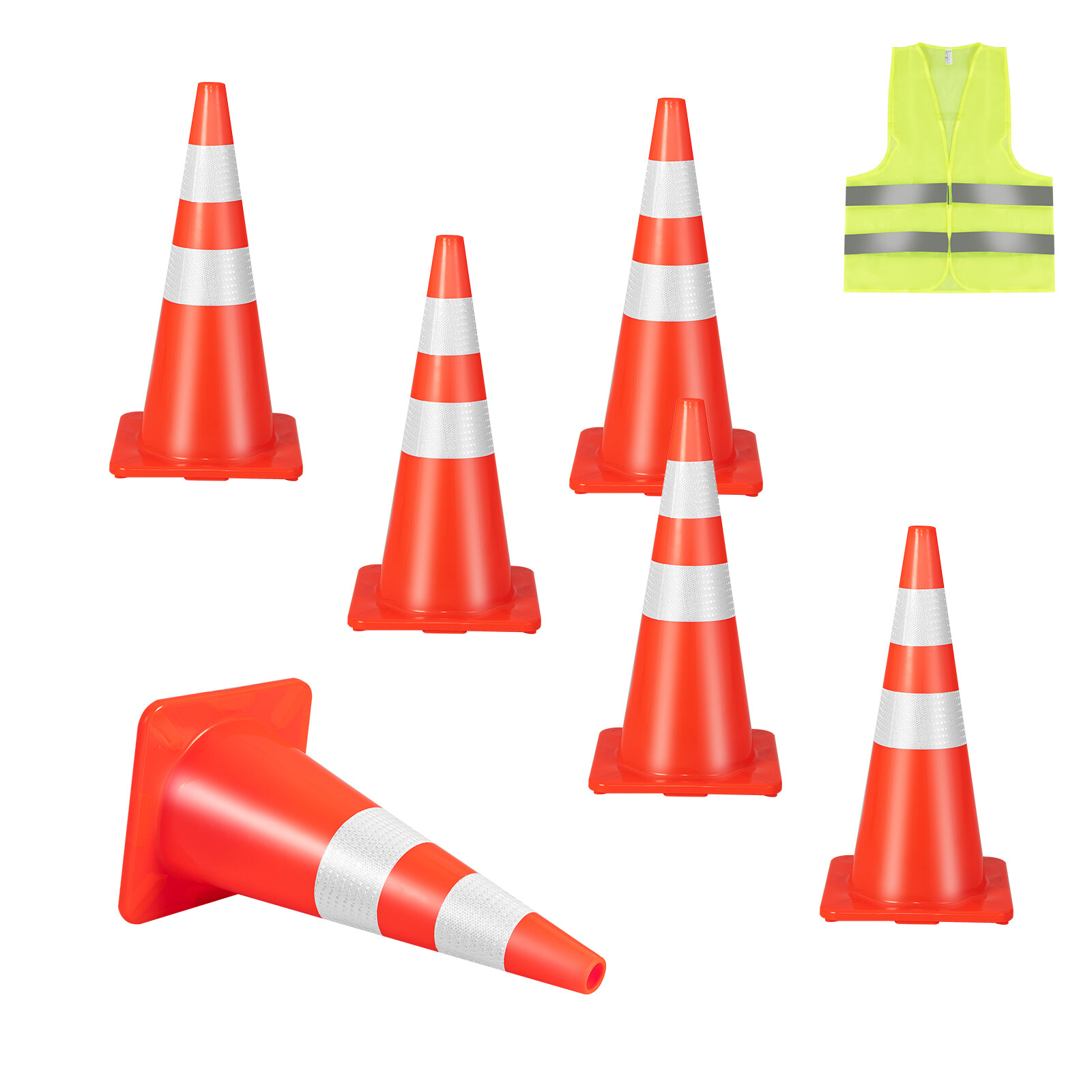 6 Pack Traffic Safety Cones 28″ PVC Road Parking Cones with Reflective Collar