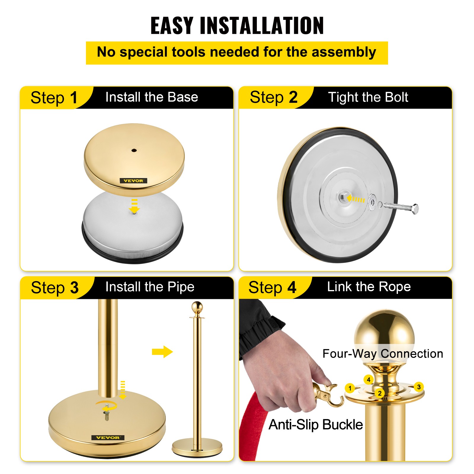 VEVOR Crowd Control Stanchion Stanchion Set 8 Pieces with Red Velvet Rope-Gold