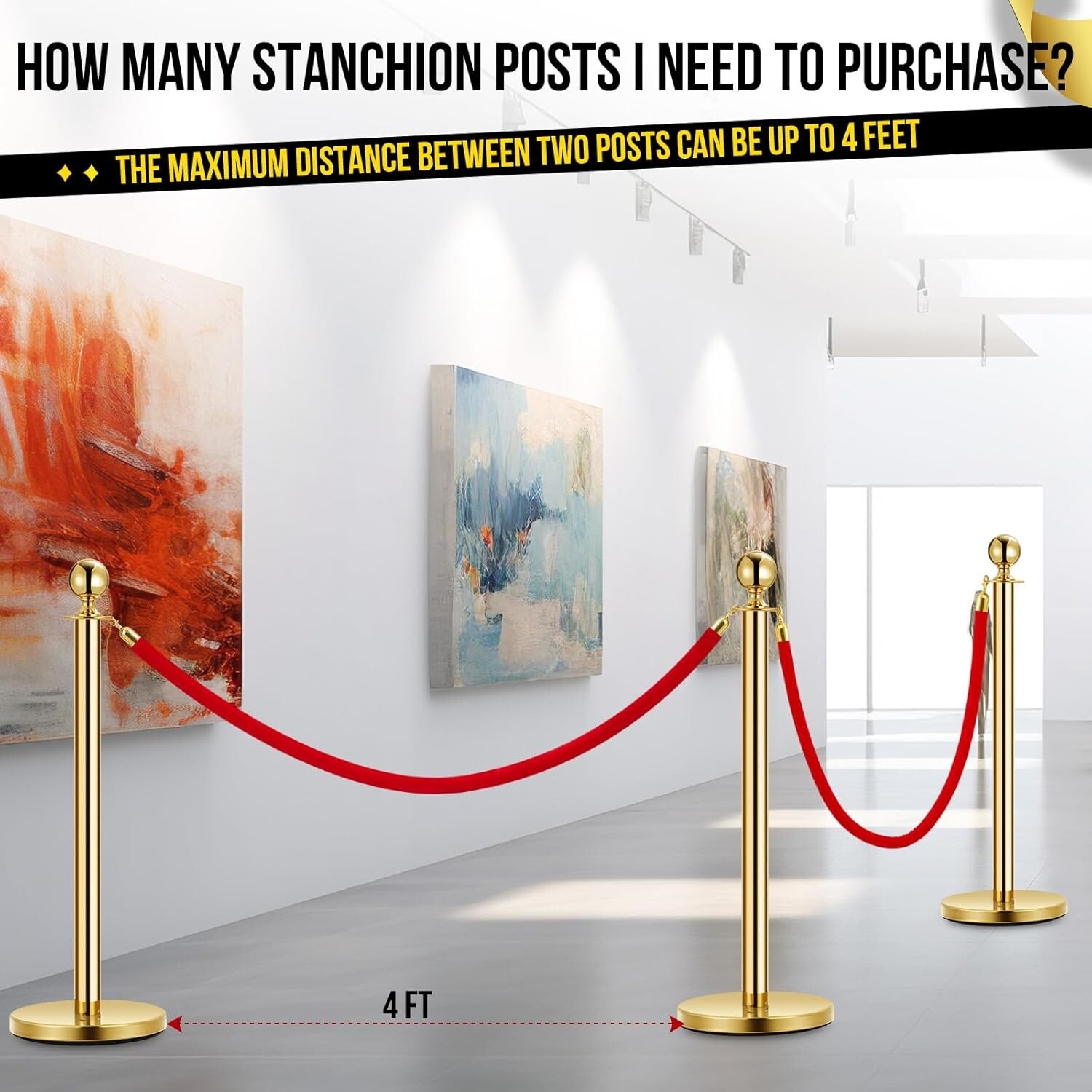 4PCS Golden Crowd Control Barrier Stanchion Posts Queue Pole W/2X Velvet Ropes