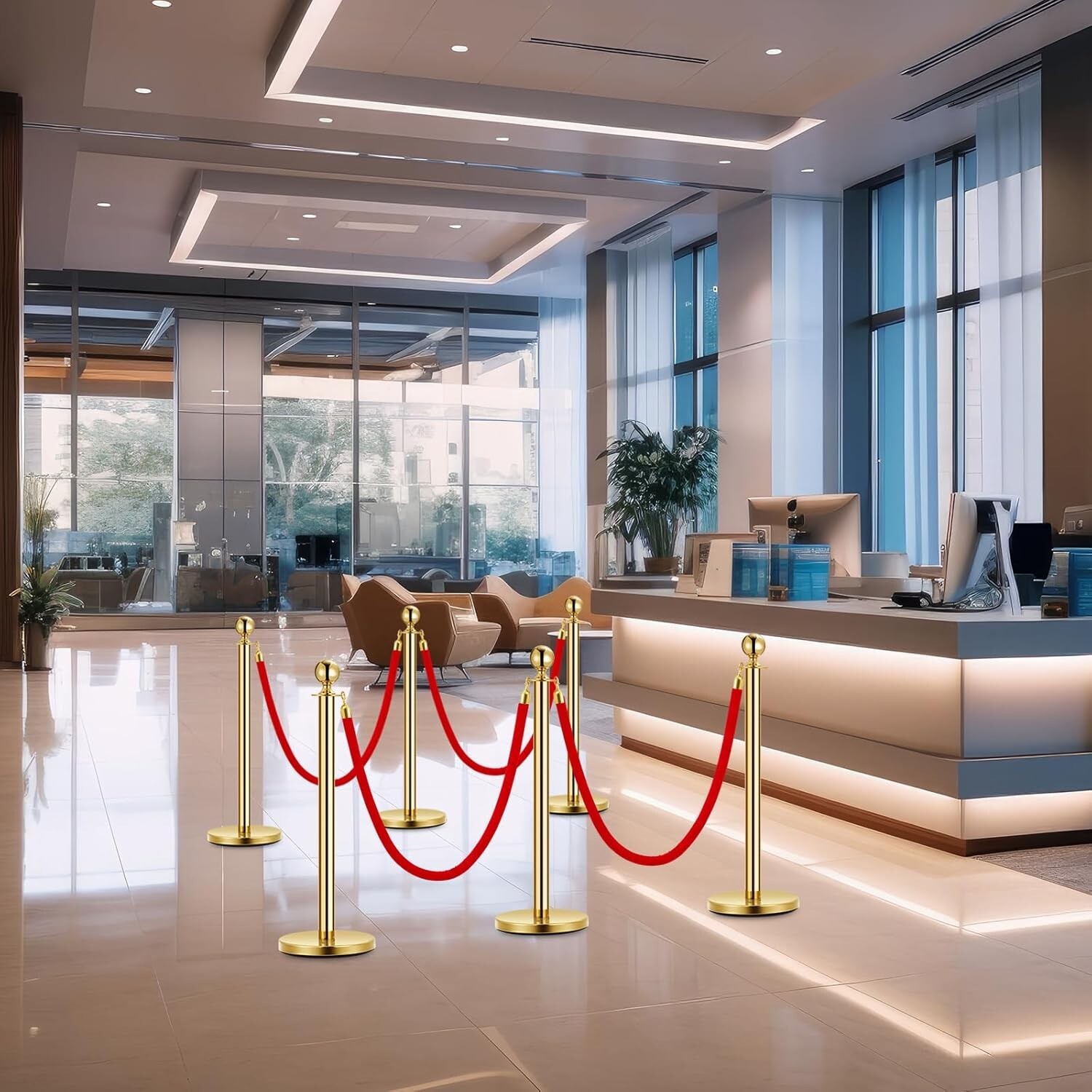 4PCS Golden Crowd Control Barrier Stanchion Posts Queue Pole W/2X Velvet Ropes
