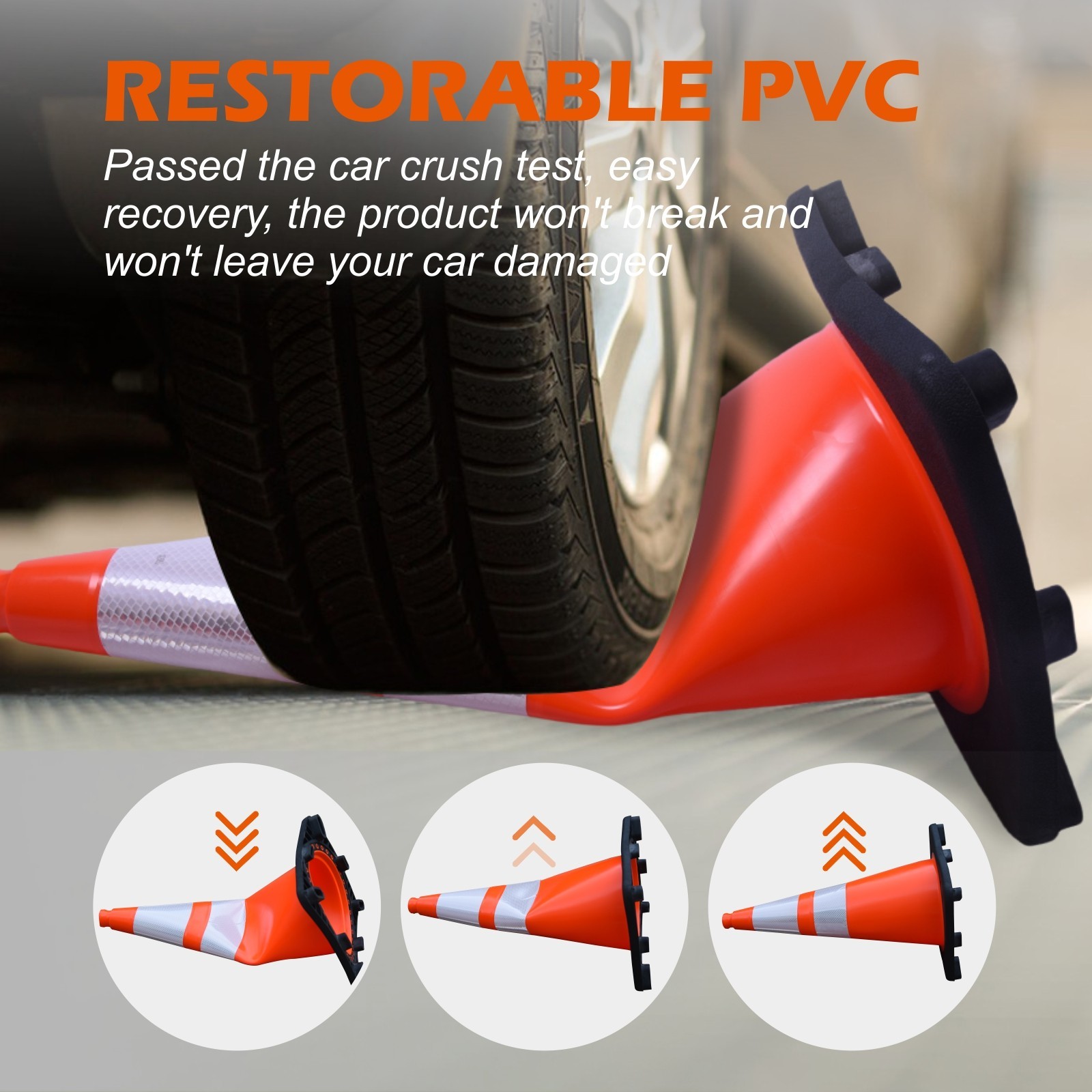 8PCS 28inch Orange Black Base Flexible PVC Traffic Cones with Reflective Collar