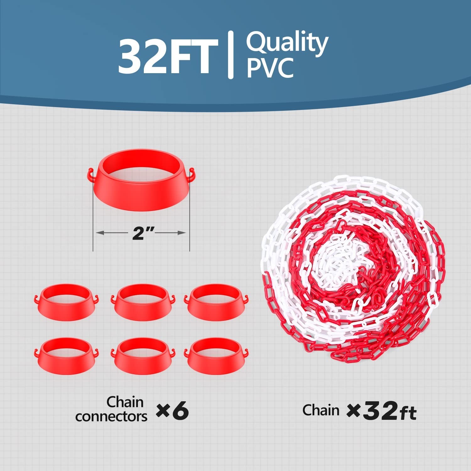 Bright Red & White 32ft Safety Chain with Connectors for Traffic Management