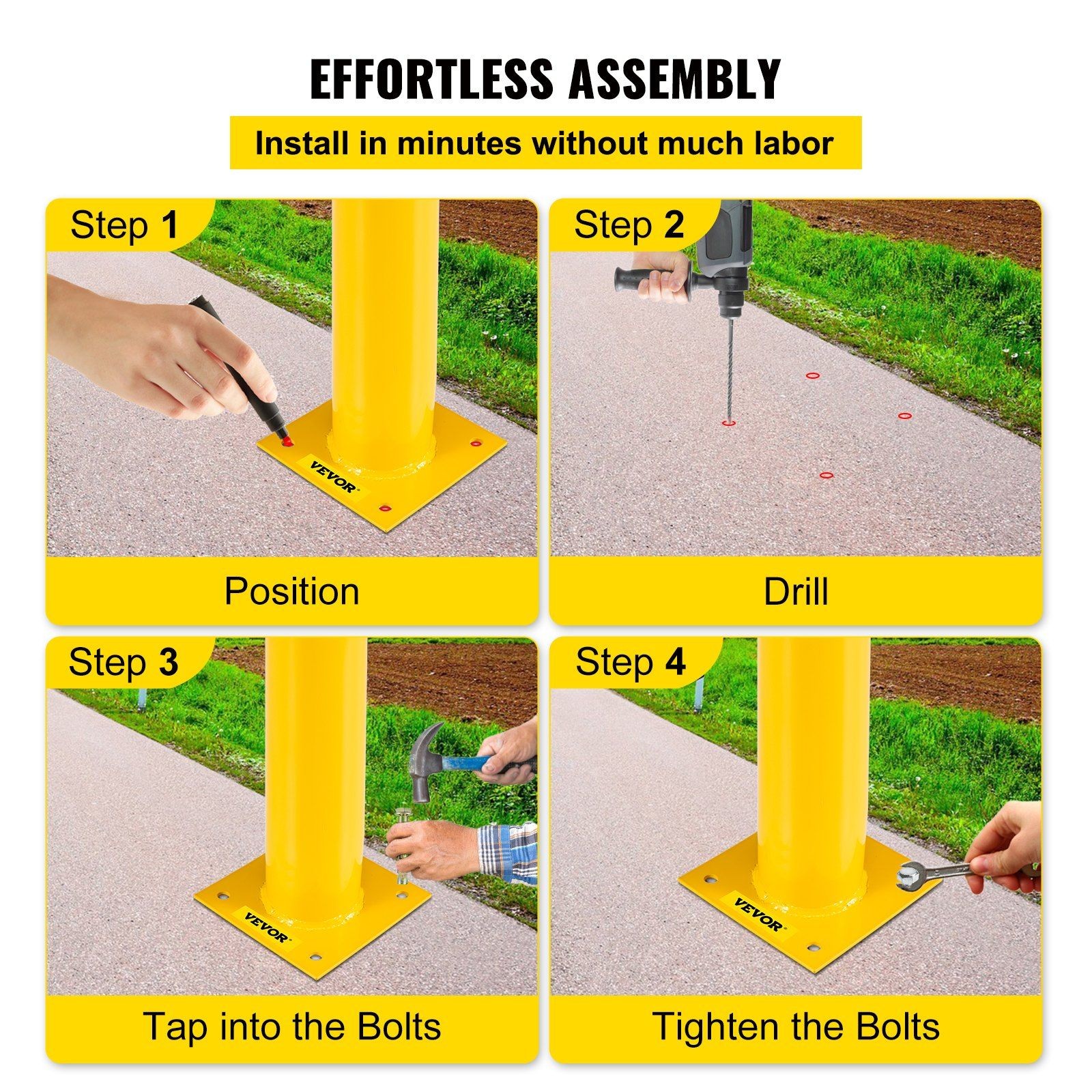 36in Yellow Steel Bollard 5.5in Diameter, Welded Q235, 8 Anchor Bolts
