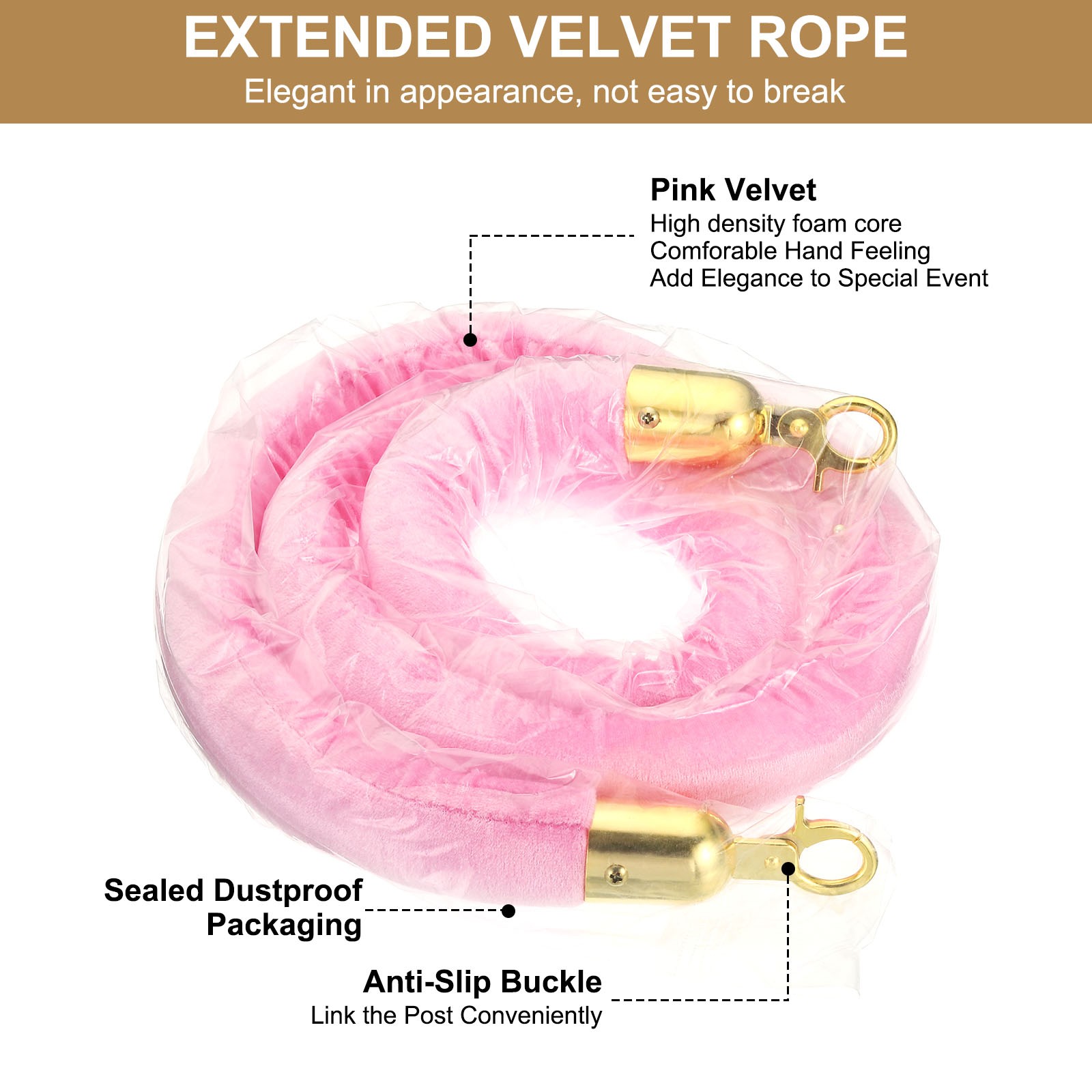 4 Pack 5 Feet Pink Velvet Stanchion Rope Crowd Control Barrier Rope Golden
