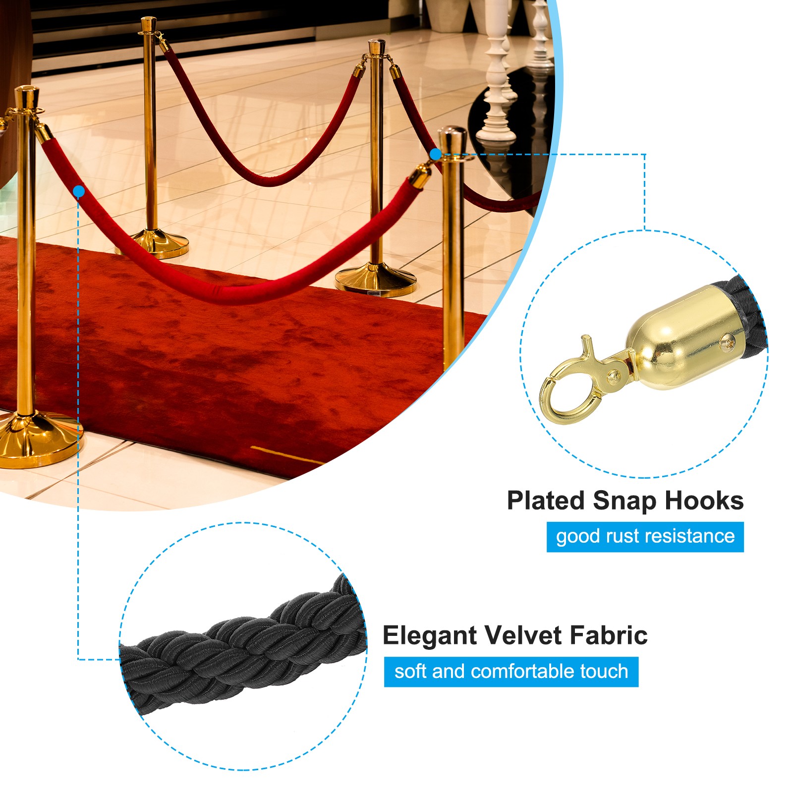 4 Pack Black Twisted Stanchion Rope, 5 Ft Ropes Barrier Rope with Gold Hooks