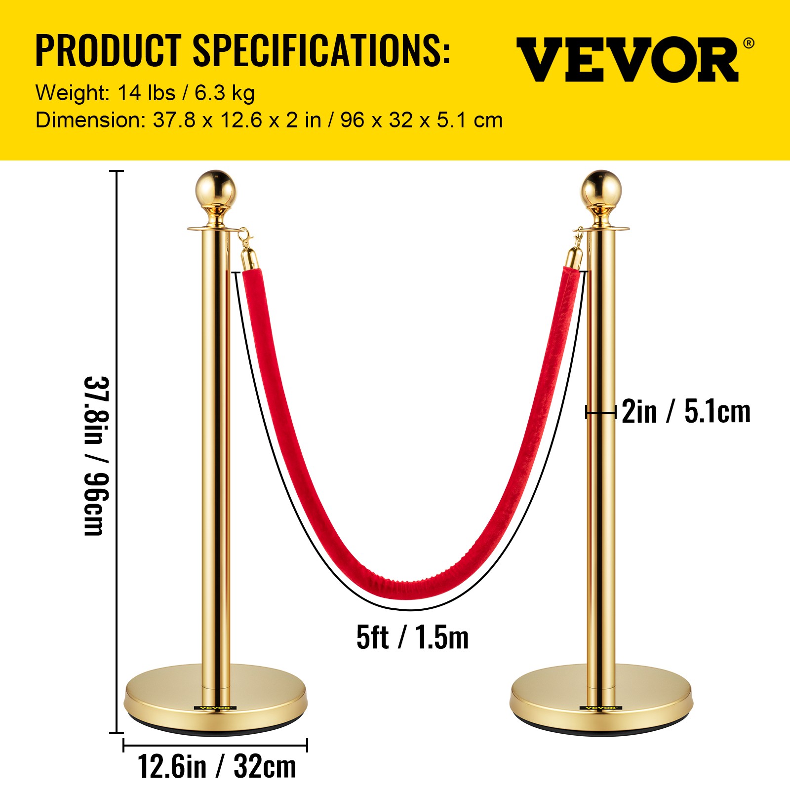 VEVOR Crowd Control Stanchion Stanchion Set 8 Pieces with Red Velvet Rope-Gold
