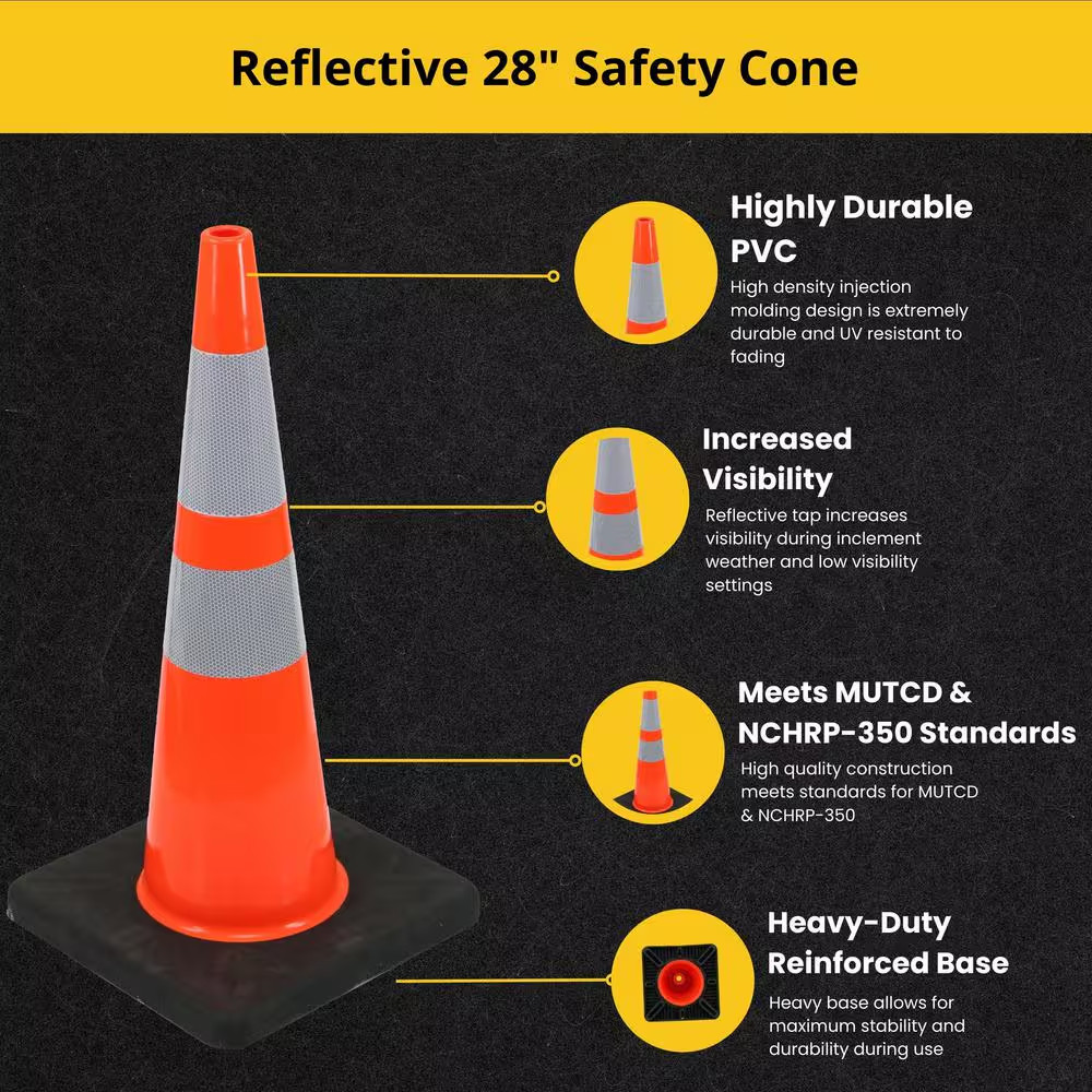 28 In. Orange Reflective PVC Injection Molded Safety Cone Free Shipping New