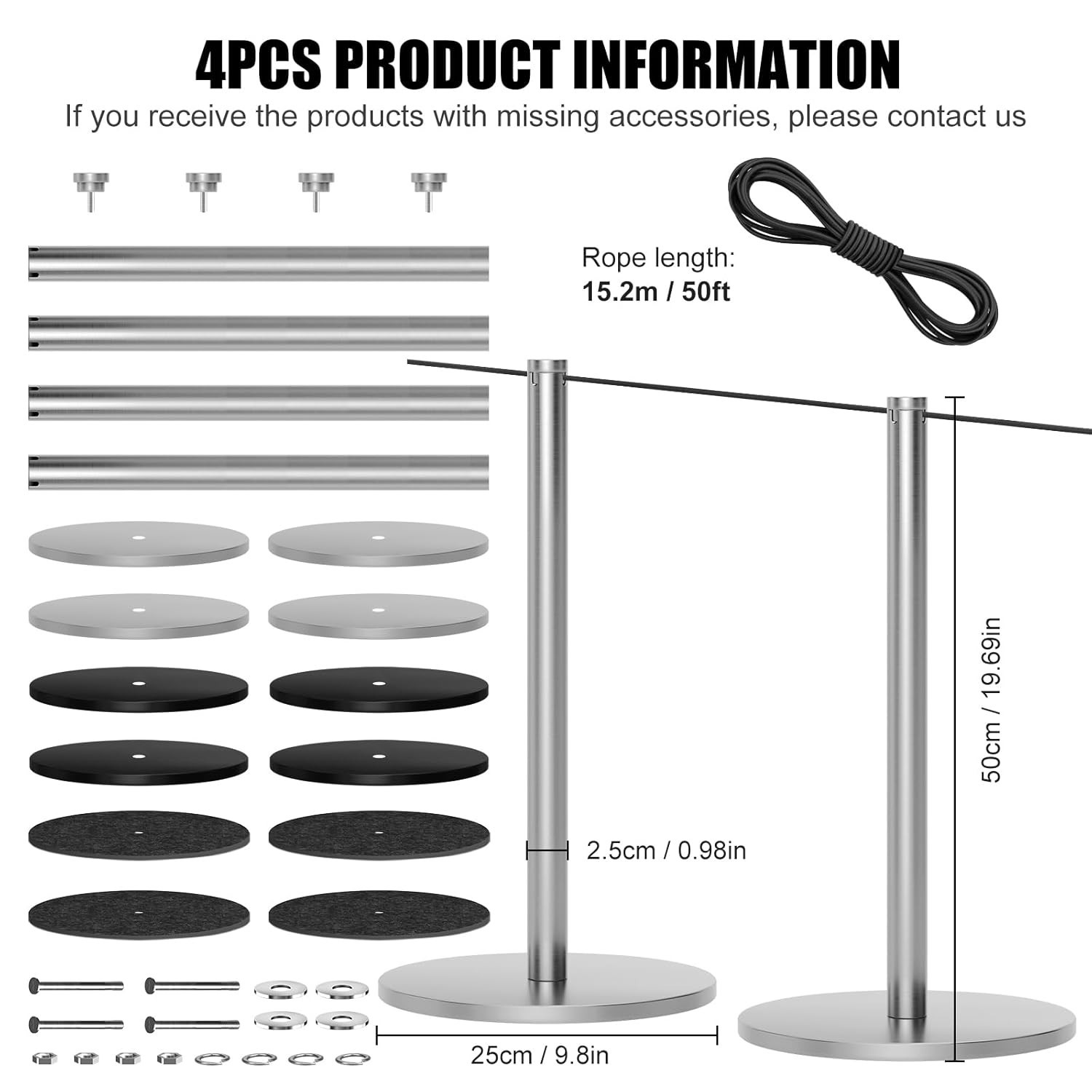 kaiyomi 4Pcs Museum Stanchions Barrier Silver 50ft Rope Crowd Control Gallery.