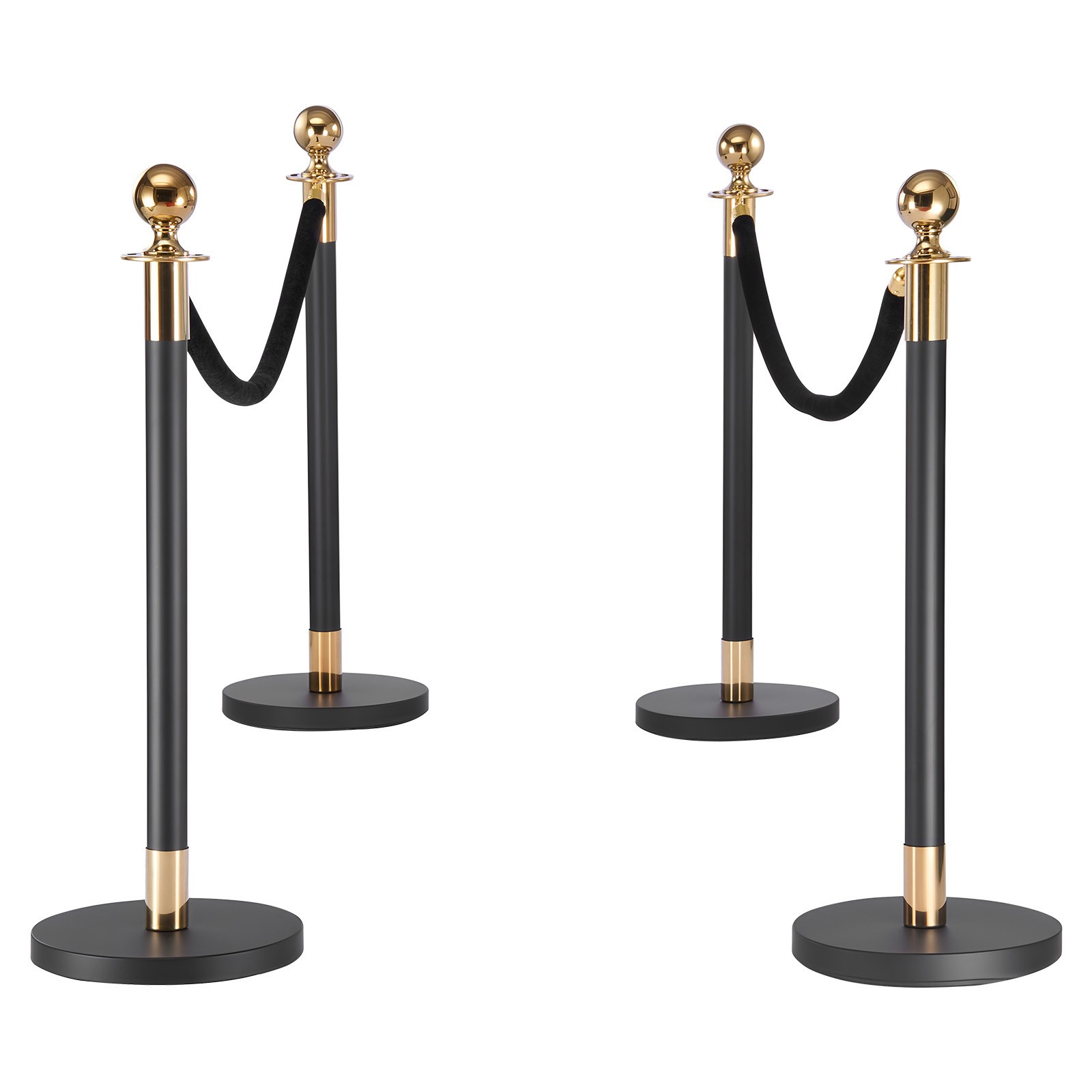 Uimoso 4-Piece Stanchion Set with 2 Black Velvet Ropes and Hollow Base in Black