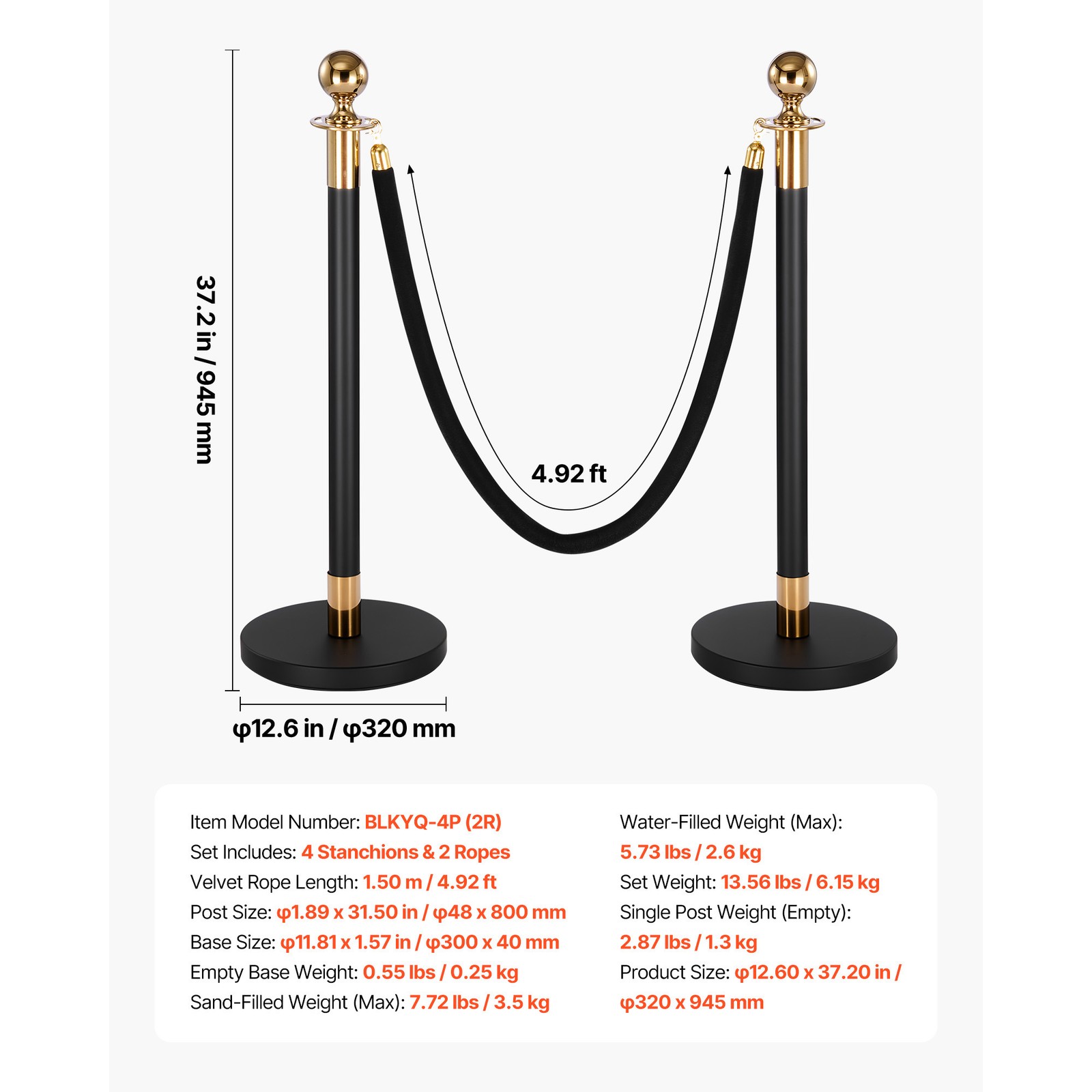 Uimoso 4-Piece Stanchion Set with 2 Black Velvet Ropes and Hollow Base in Black