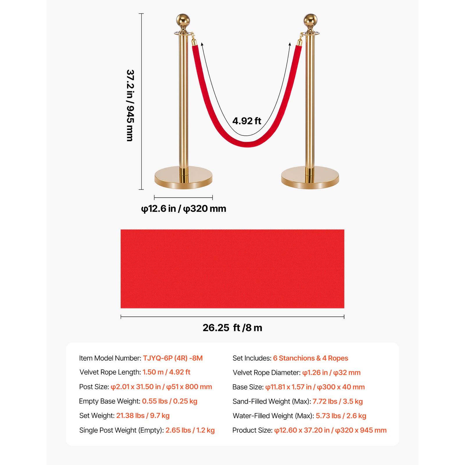 Uimoso 6PCS Gold Stanchion Post Set with Red Carpet & 4 Velvet Ropes Hollow Base