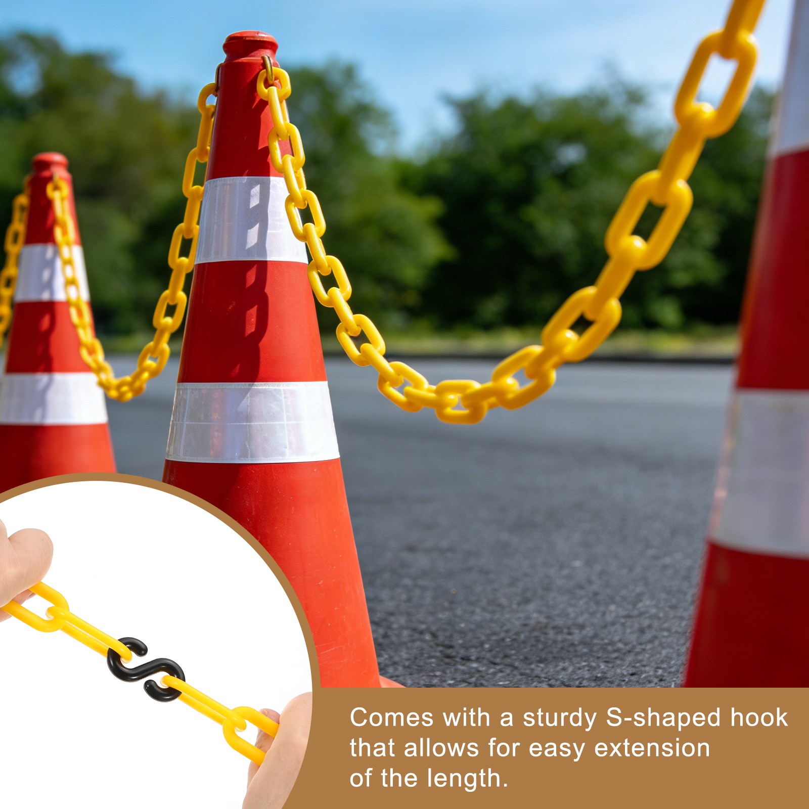Barrier Chain, (16.4ft 0.7″ Dia., Yellow/Black), Safety Chain Link W S Hook