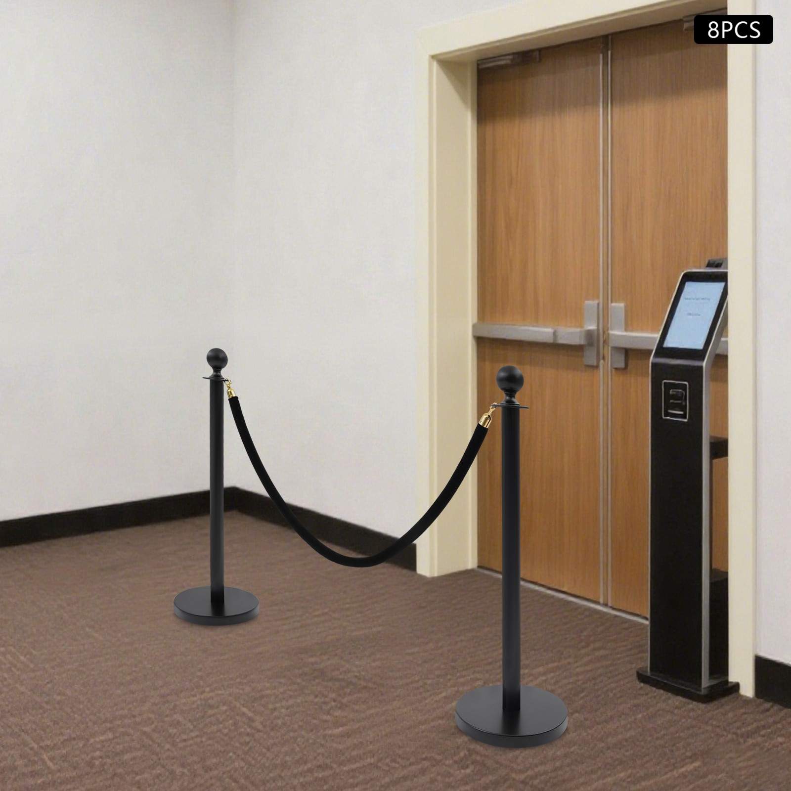 8PCS Black Stanchion Posts Queue Pole with 4 Velvet Ropes Crowd Control Barrier