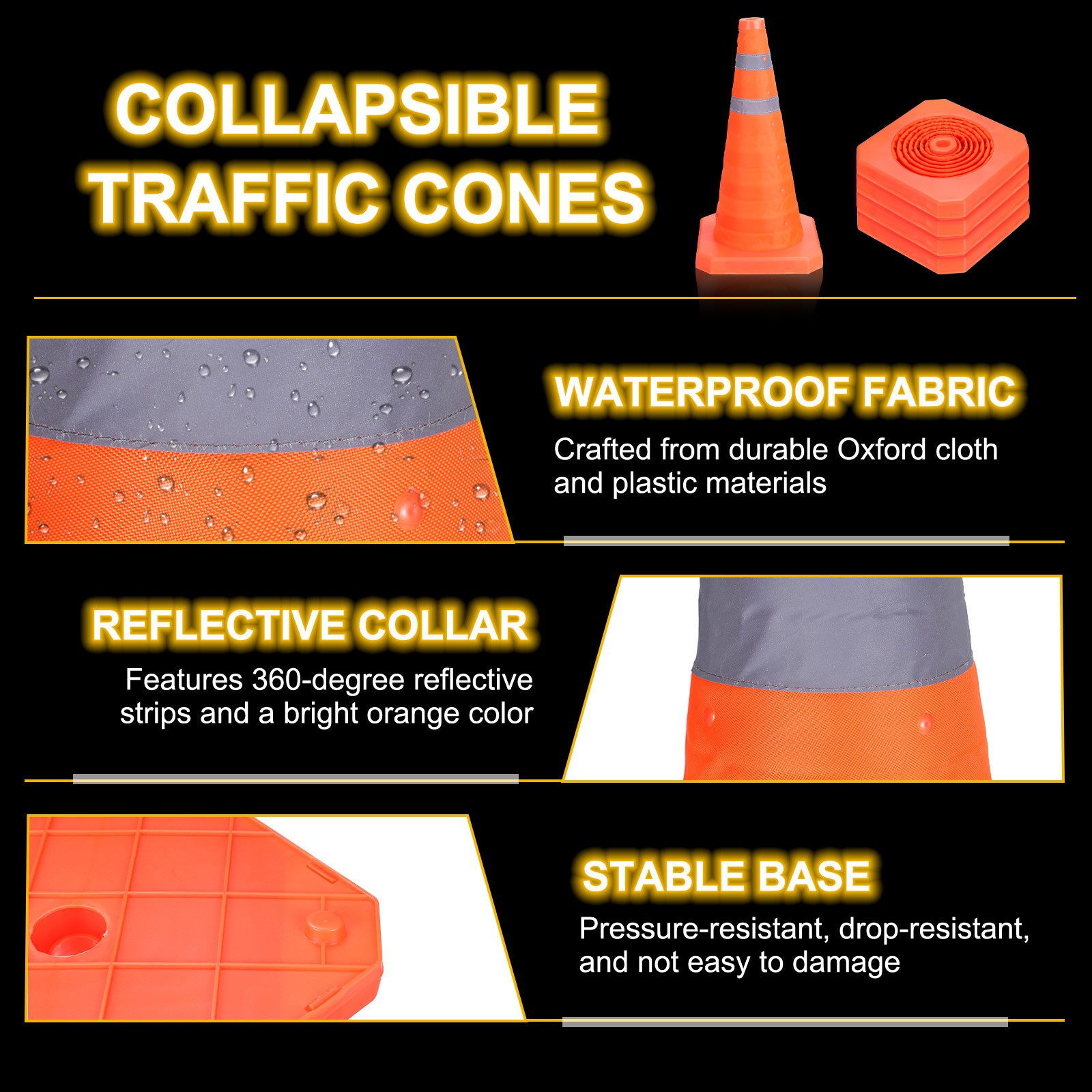 18″ Collapsible Traffic Cones, Safety Cones with Reflective Collar