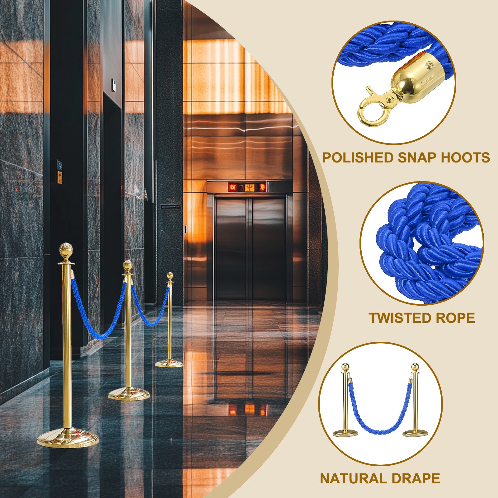 6.6 Ft/2 m Twisted Stanchion Rope Barrier Rope with Hooks Blue Golden