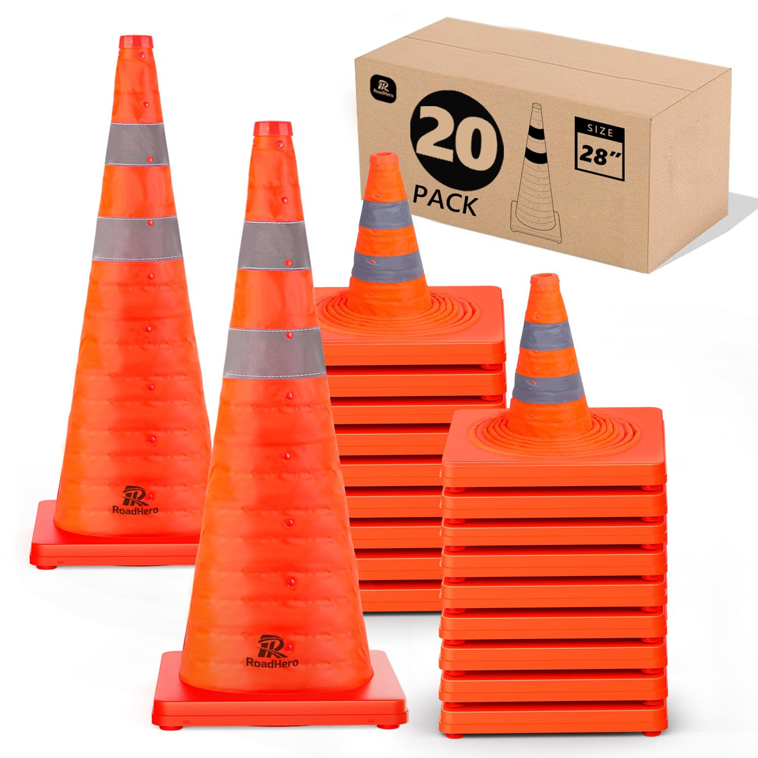 28 Inch 20 Pack Collapsible Traffic Safety Cones, Multi Purpose Pop-Up Cones wit