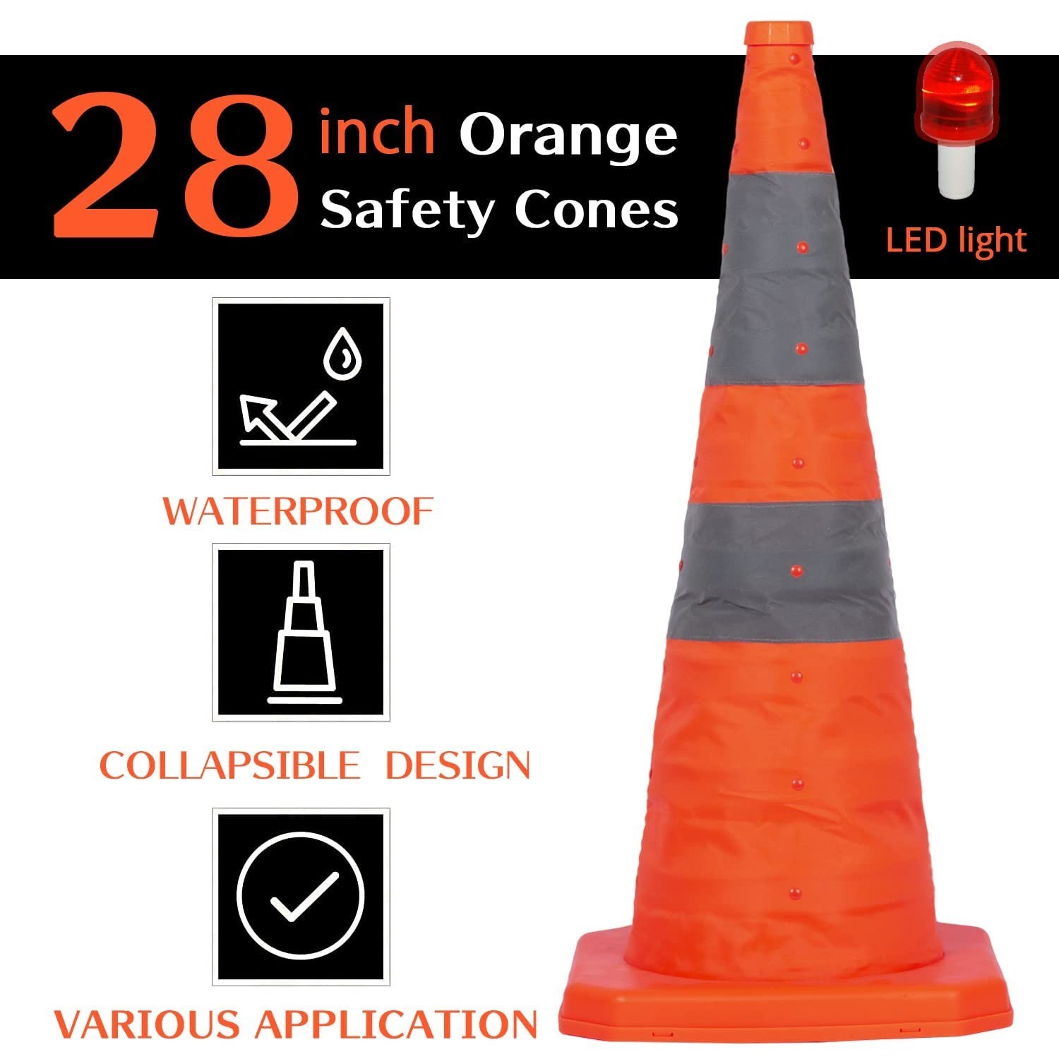 4 Pack 28 inch Collapsible Traffic Cones with LED Light, Safety Cones with Refle