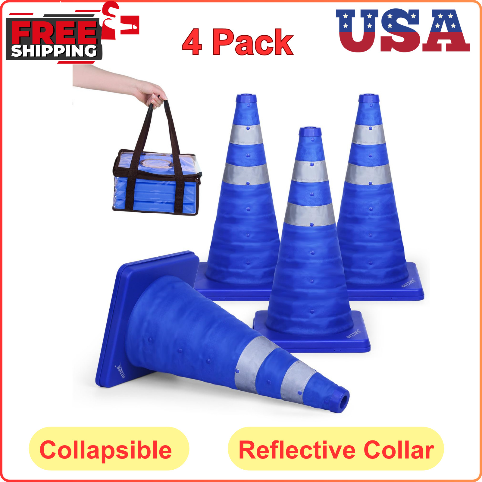 18″ Blue PVC Traffic Cone Reflective Collar Safety Cone Collapsible 4PCS Pop-up