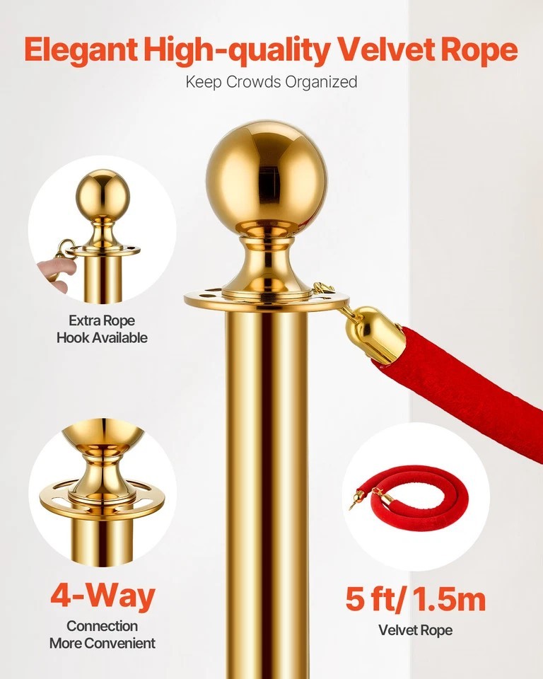 8Pcs Stanchion Post Queue Barrier Crowd Control Sand Injection Base Gold
