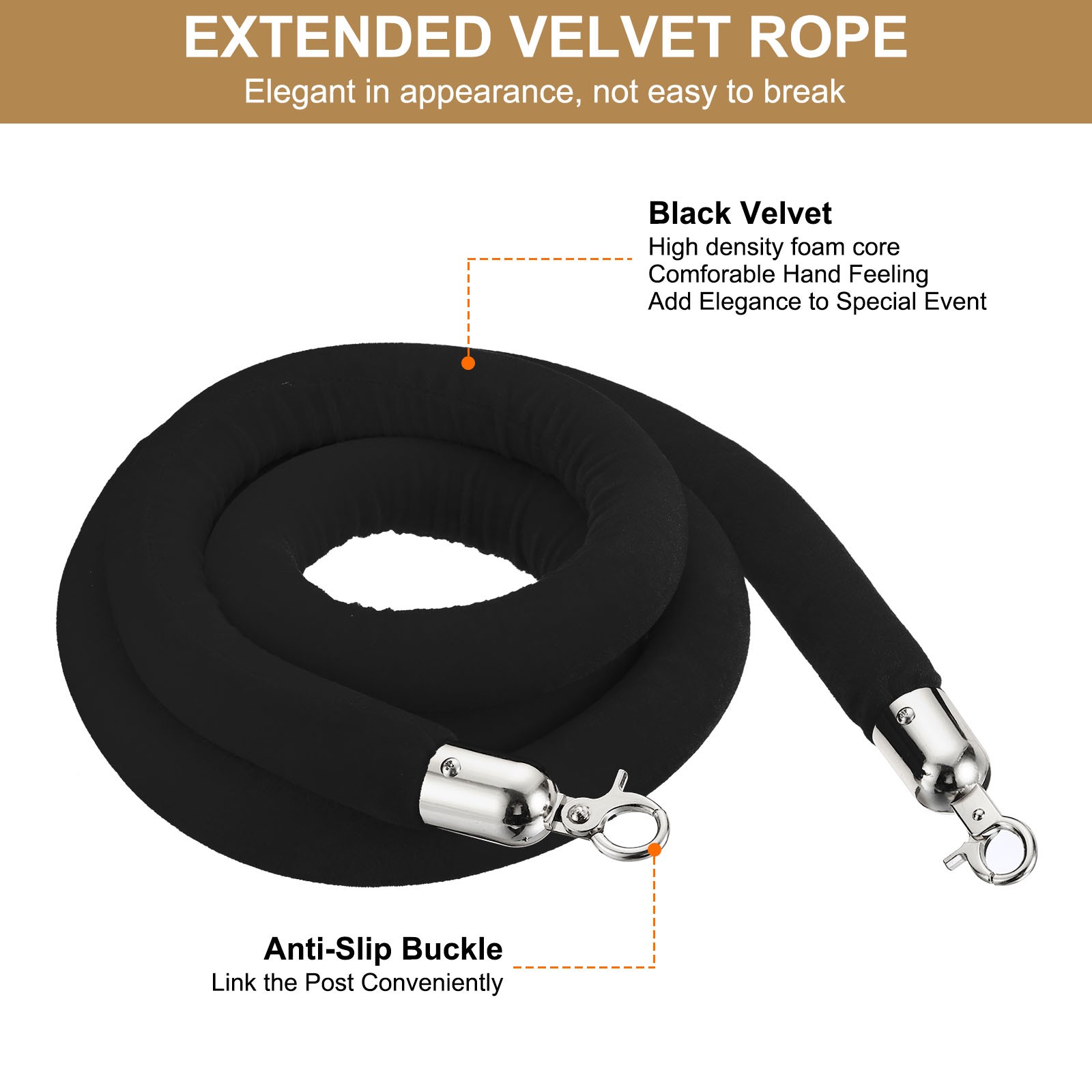 8 Feet Black Velvet Stanchion Rope Crowd Control Barrier Rope with Snap Hooks