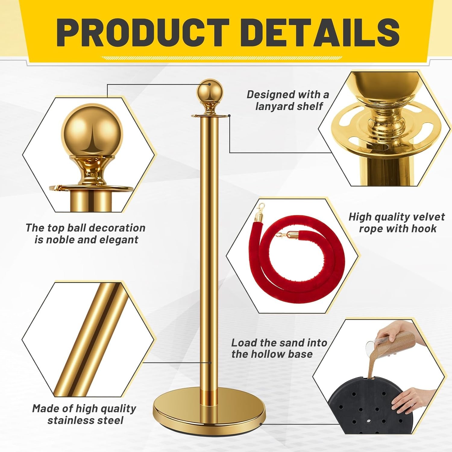 Ferraycle 4pc Stainless Stanchion 5ft Velvet Rope Pole Crowd Control Barrier