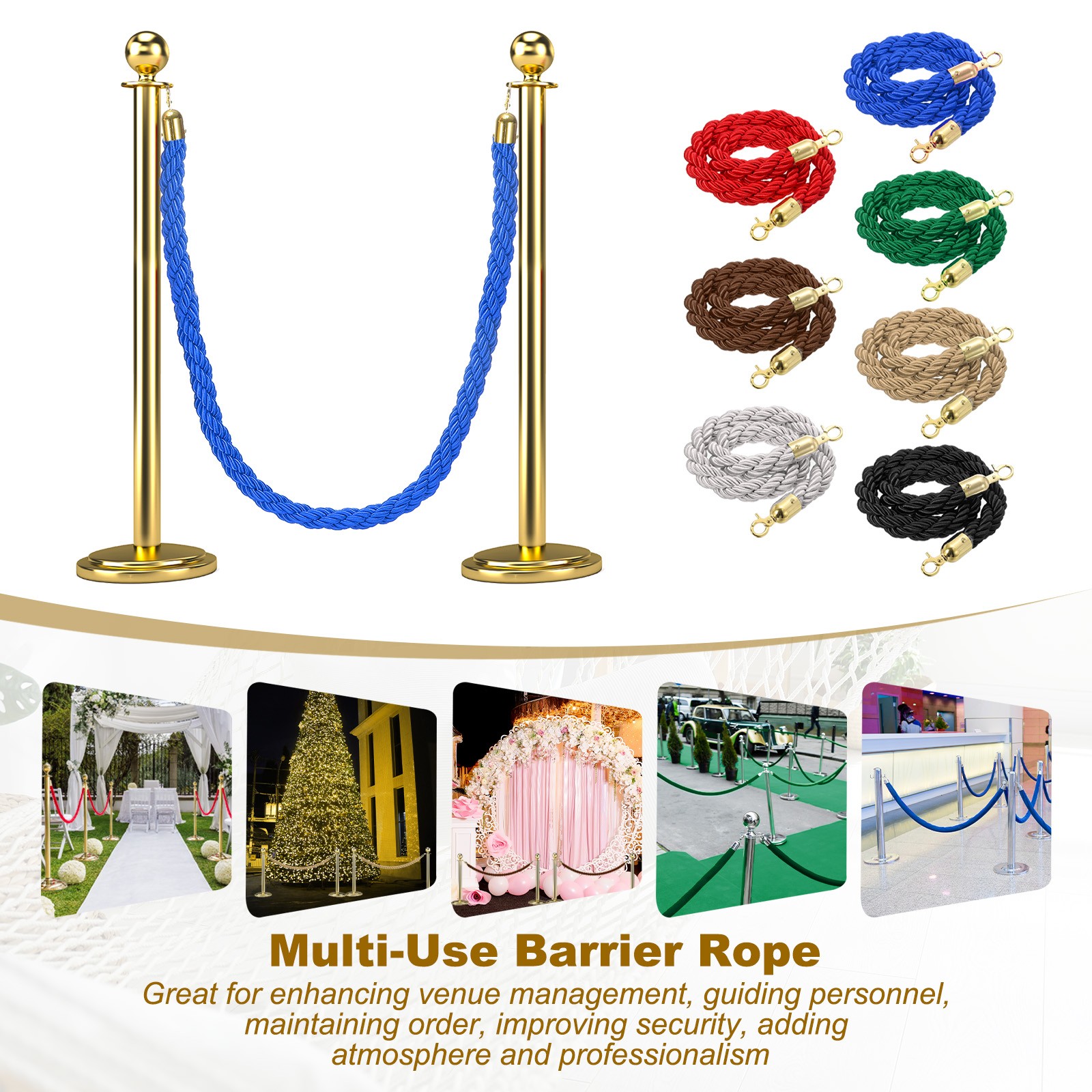 6.6 Ft/2 m Twisted Stanchion Rope Barrier Rope with Hooks Blue Golden