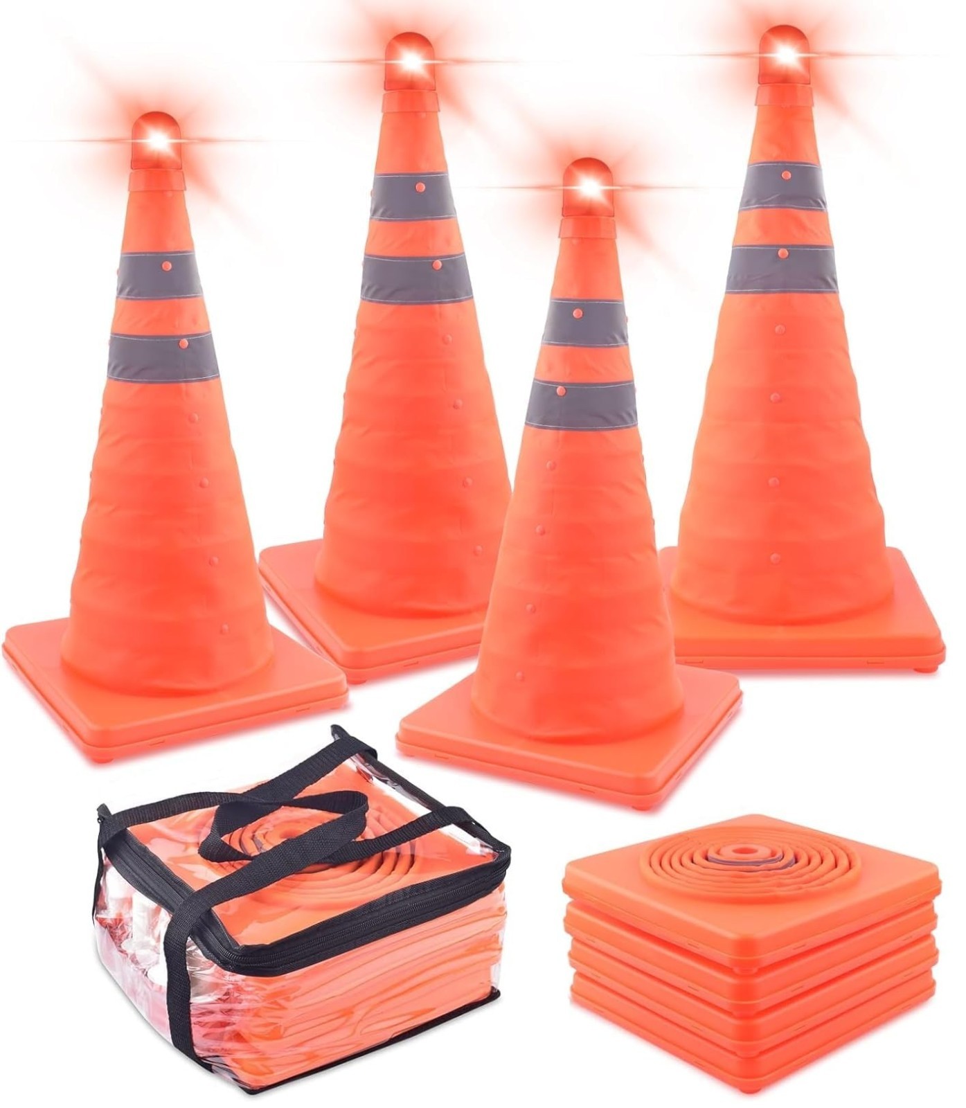 4 Pack 18″ Collapsible Traffic Cones with LED Lights – Reflective Safety Road Co