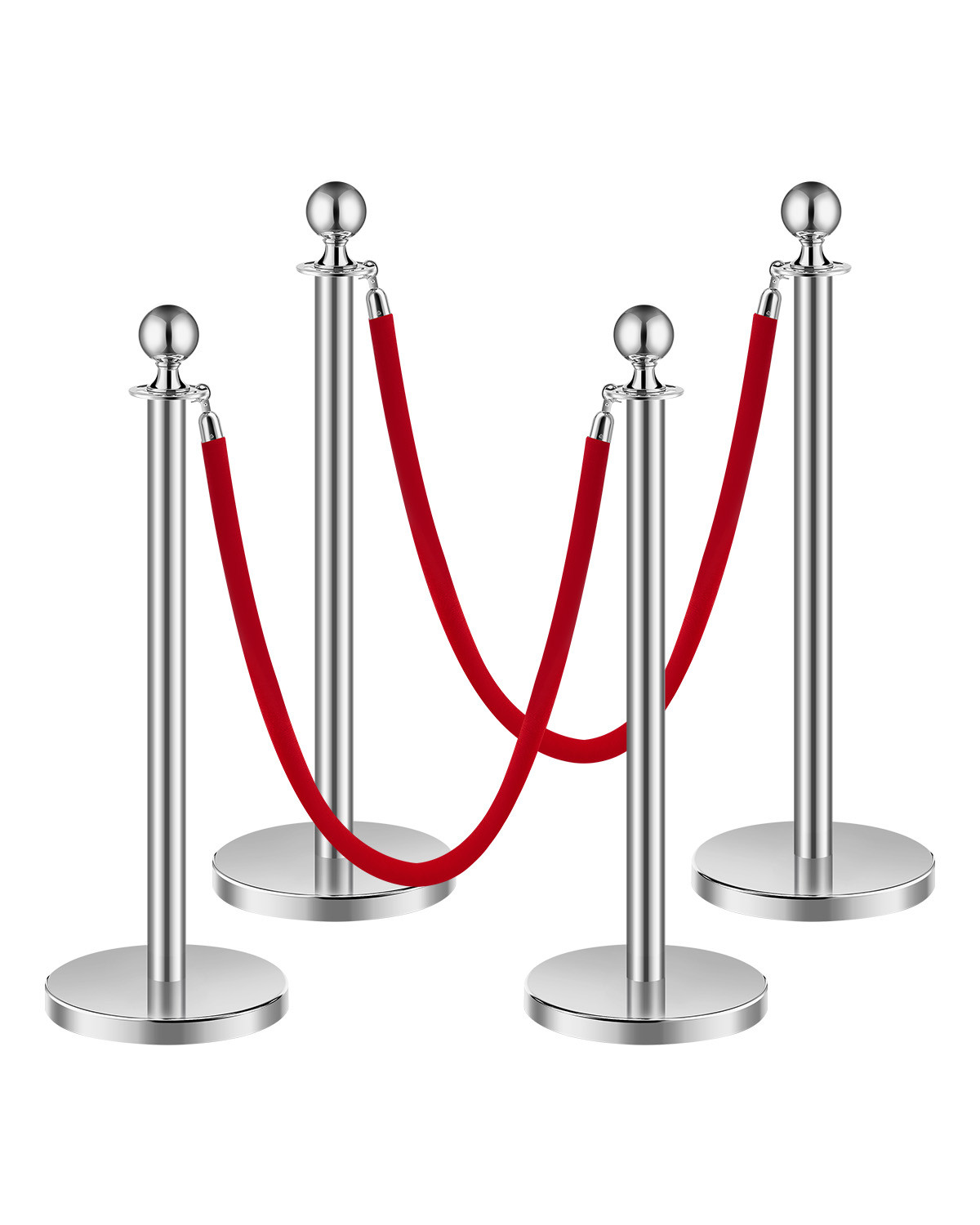 4 Pcs Silver Stanchion Post 2 Red Velvet Ropes Sand Injection Hollow Base