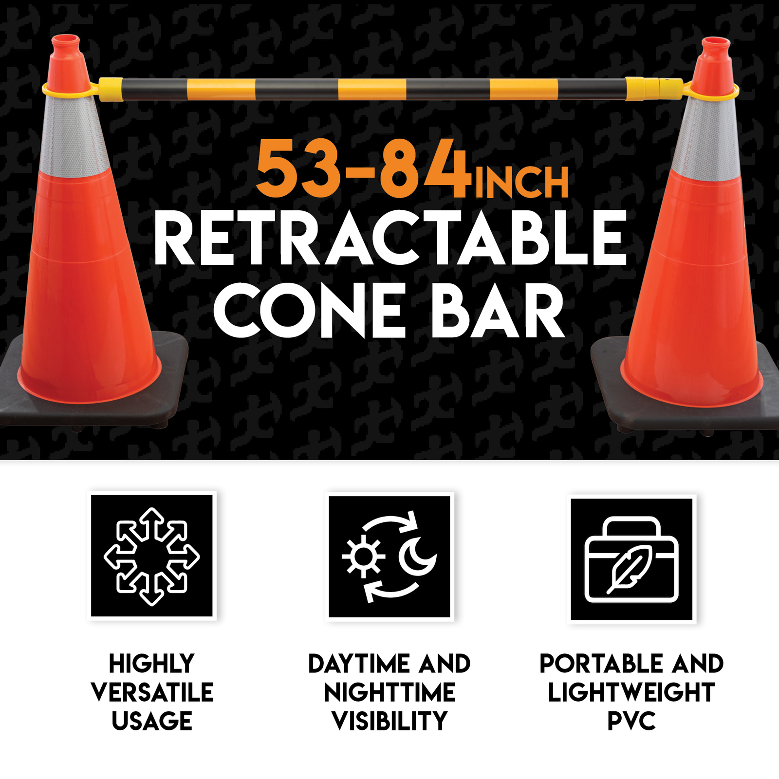 Yellow and Black Retractable Barrier for Traffic Cones – 2″ OD – 53-84″ 20 Pack