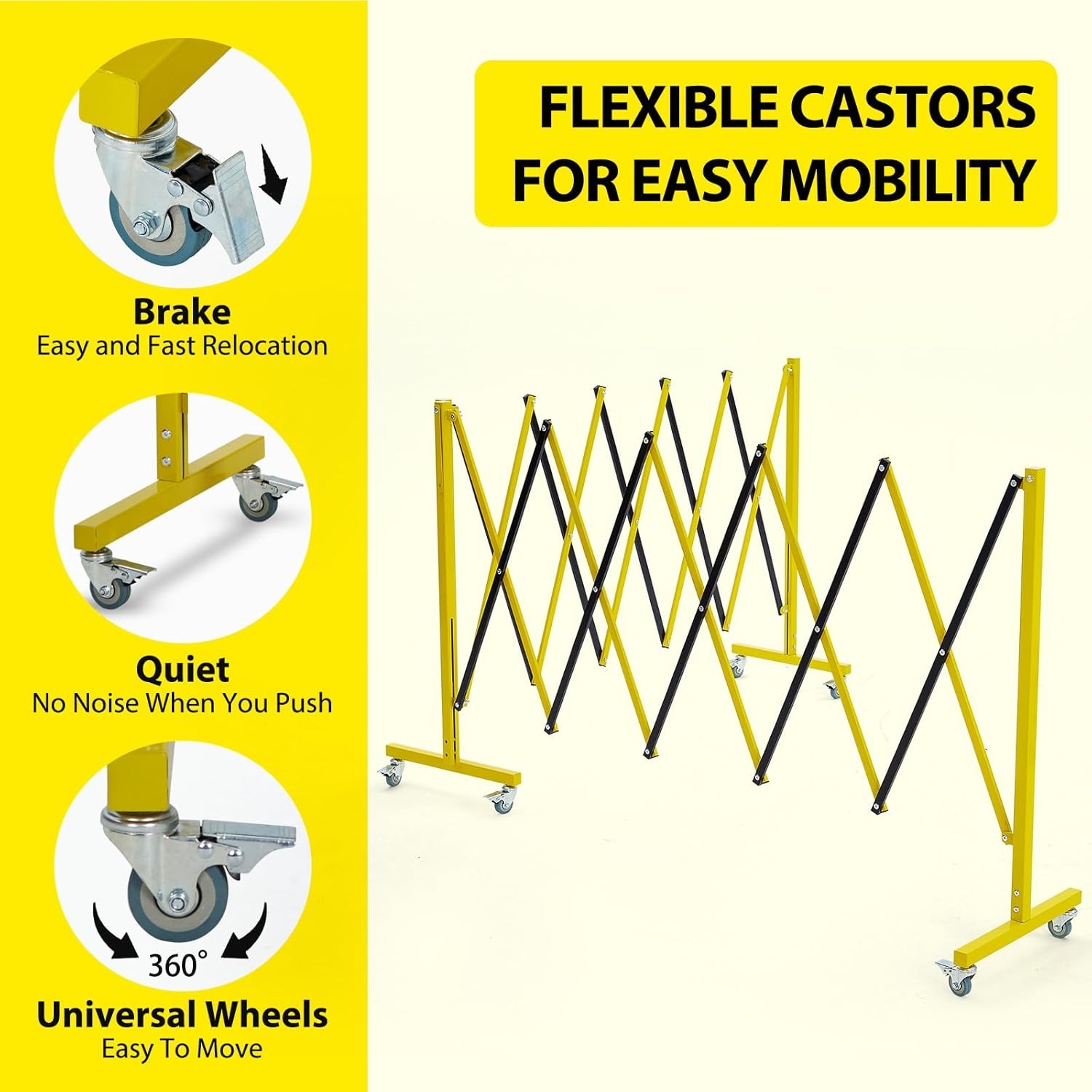 19.8×3.4ft Expandable Metal Barricade Safety Traffic Barrier W/ Casters Yellow